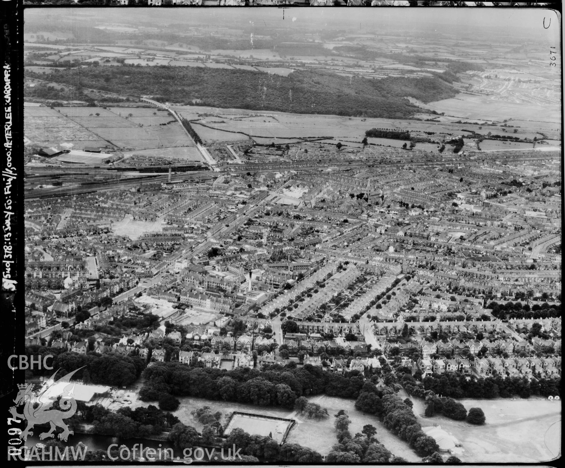 Black and white low level aerial photograph taken by the RAF 1950 centred on Sophia Gardens, Cardiff.