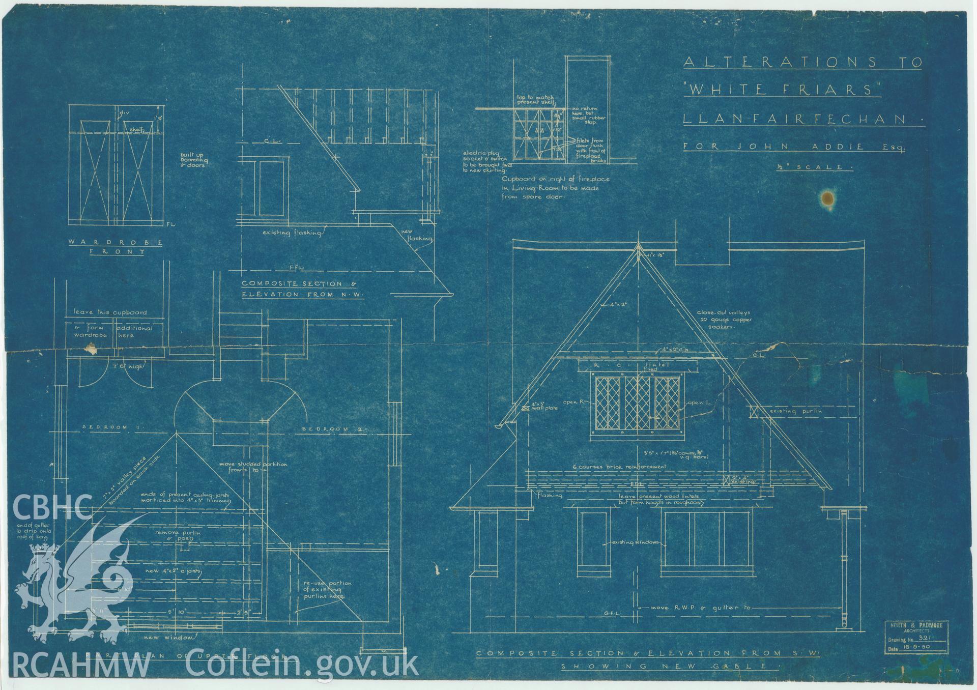 Blue-print plan, and composite sections and elevations relating to Whitefriars, West Shore, Llanfairfechan, Conwy: Alterations.