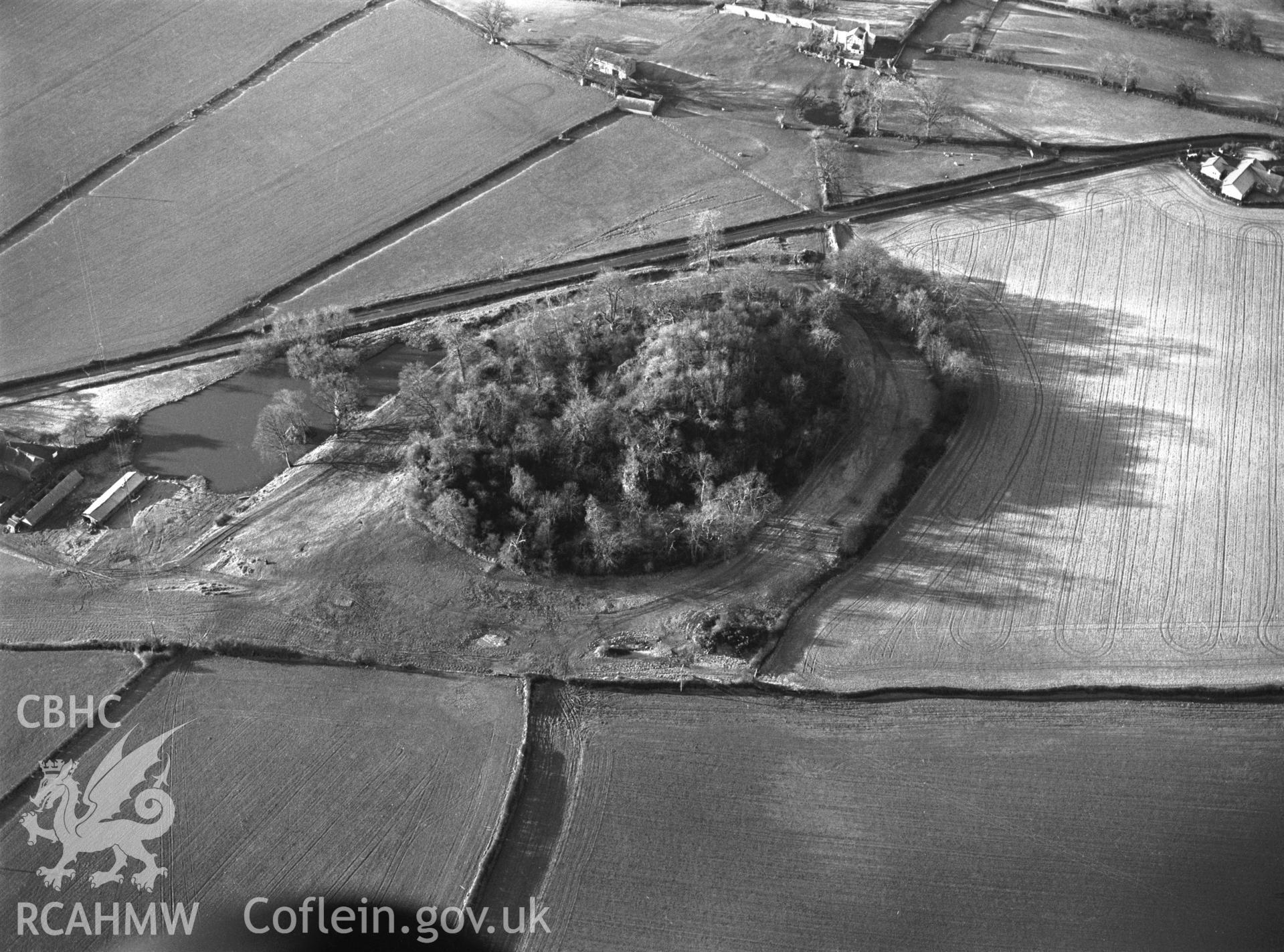 RCAHMW black and white aerial photograph of Nantcribba Motte and Bailey. Taken by C R Musson on 12/03/1995