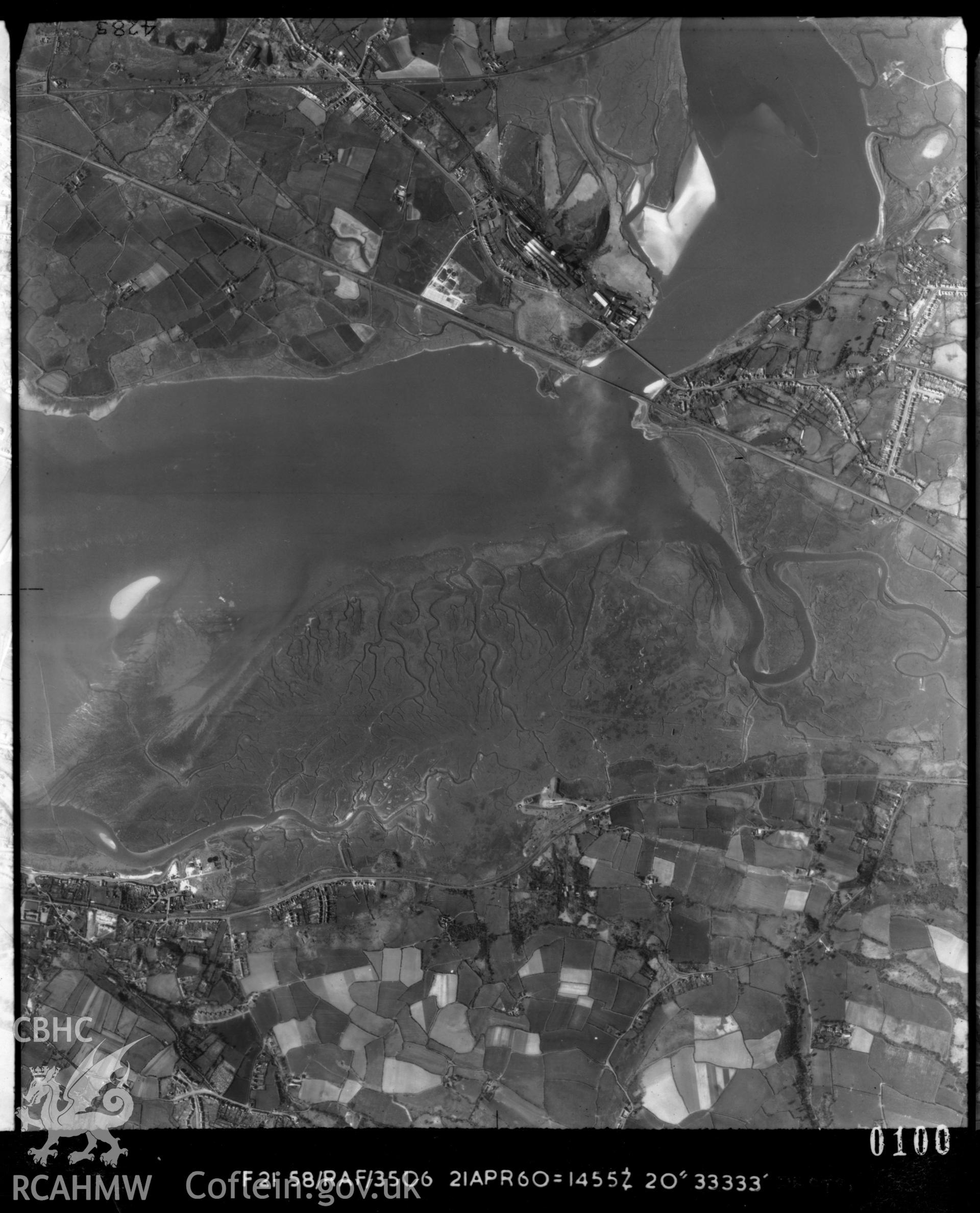 Black and white vertical aerial photograph showing Loughor Railway Bridge taken by the RAF, at a scale of 1:10000.