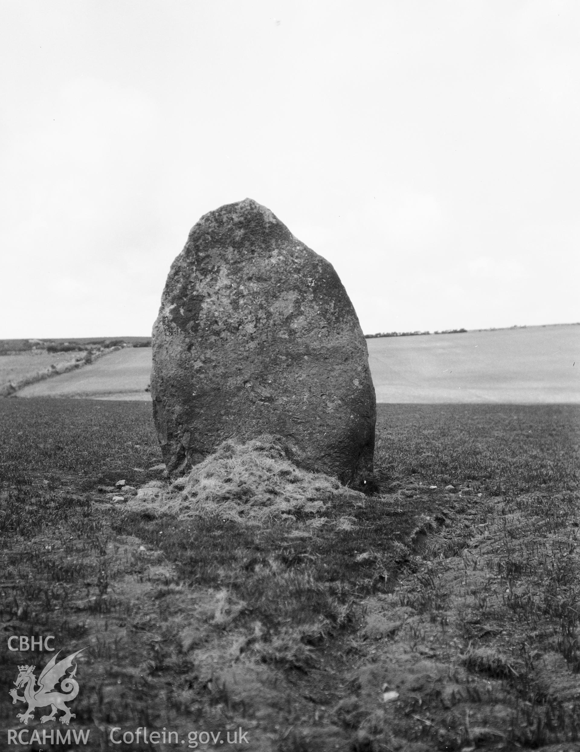 Black and white photograph showing the standing stone, taken by RCAHMW before 1960.