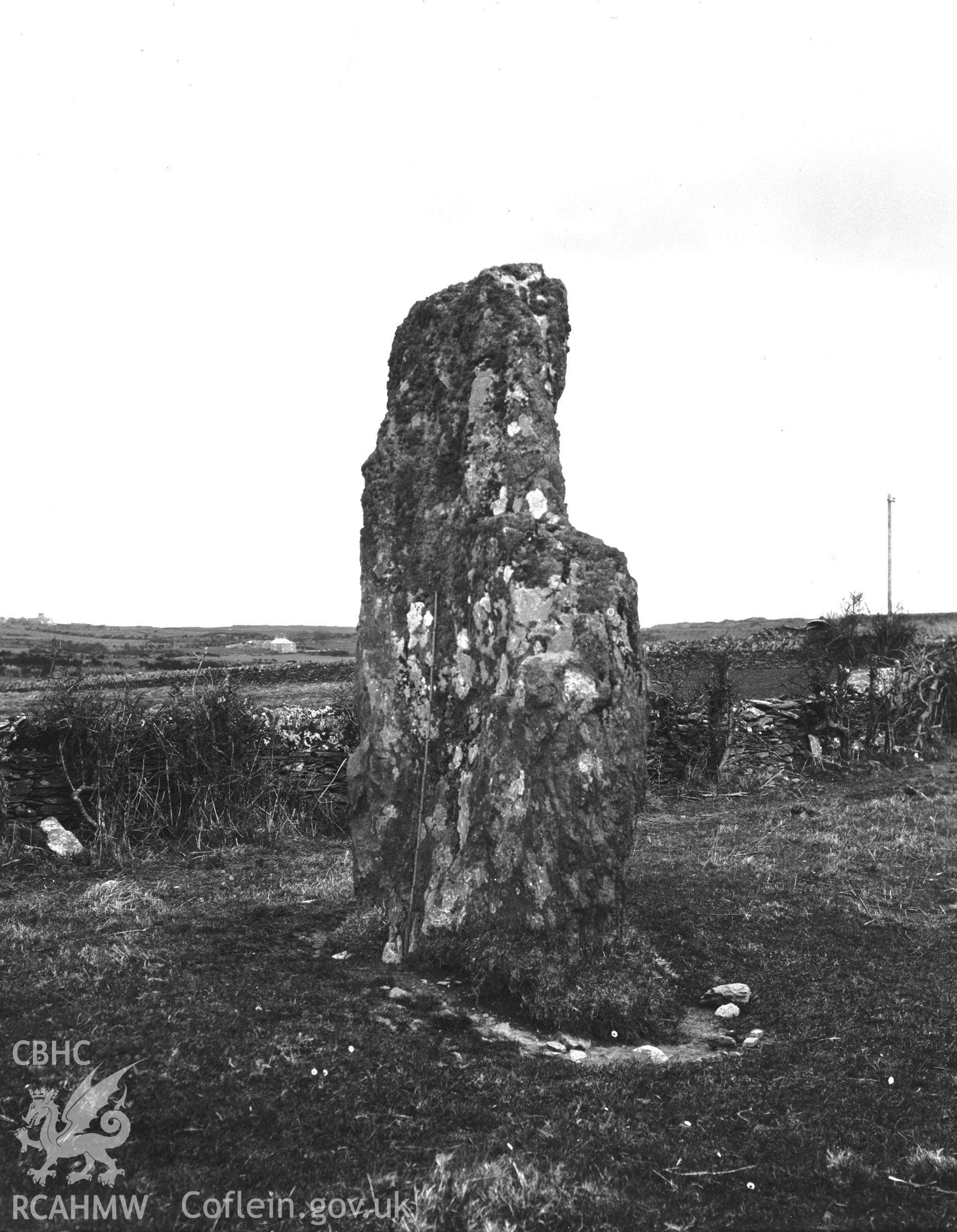 Black and white photograph showing Bryn Llwyd or Werthyr maenhir, taken by RCAHMW, April 1932.