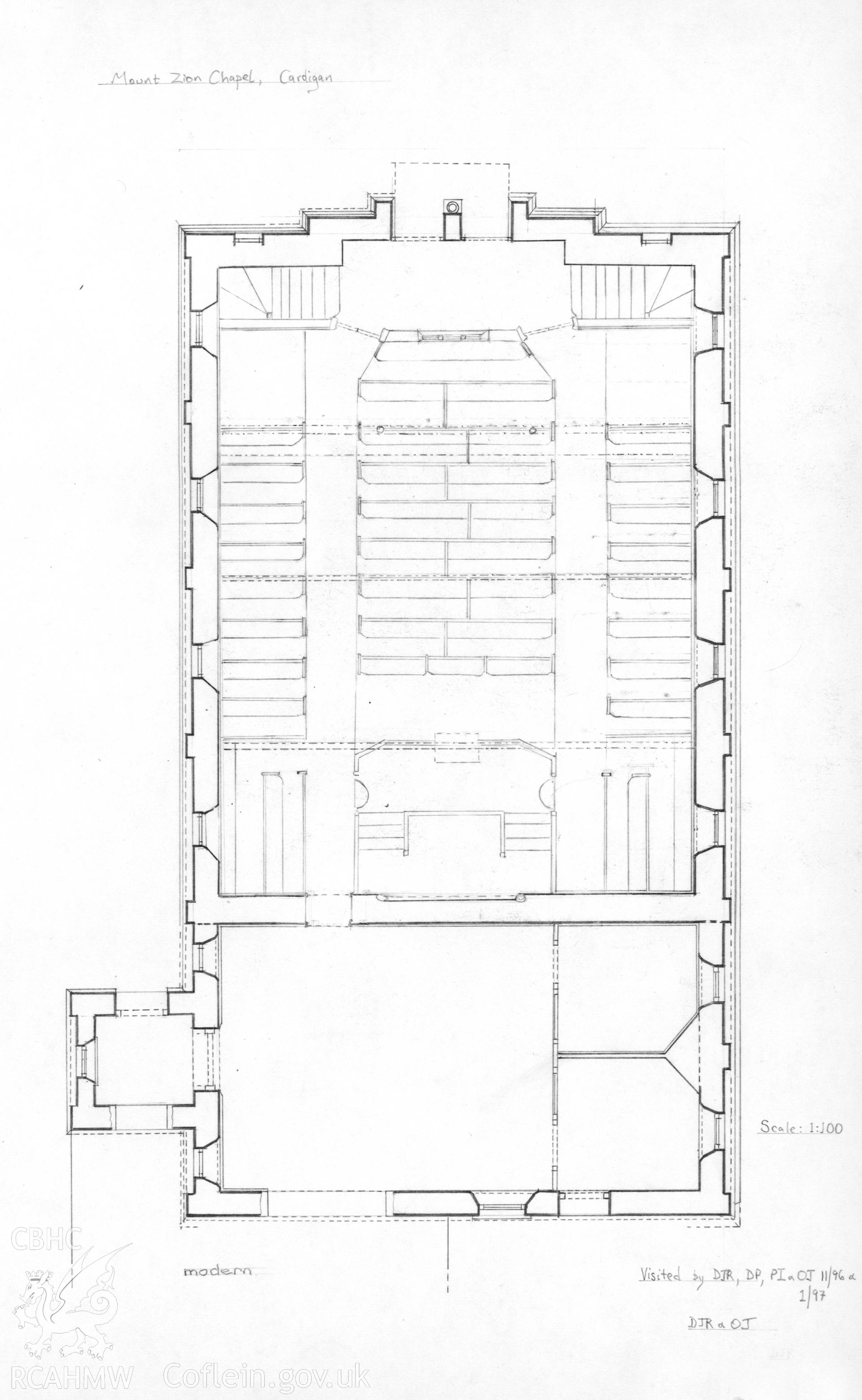 Mount Zion Chapel, Cardigan; Plan (pencil on paper) by Dylan Roberts & Olwen Jenkins, dated January 1997.