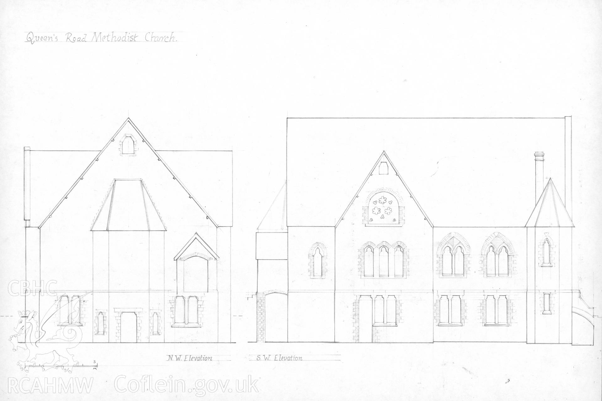 RCAHMW drawing (pencil on paper) showing elevation of Queens Road Methodist Church, Aberystwyth.