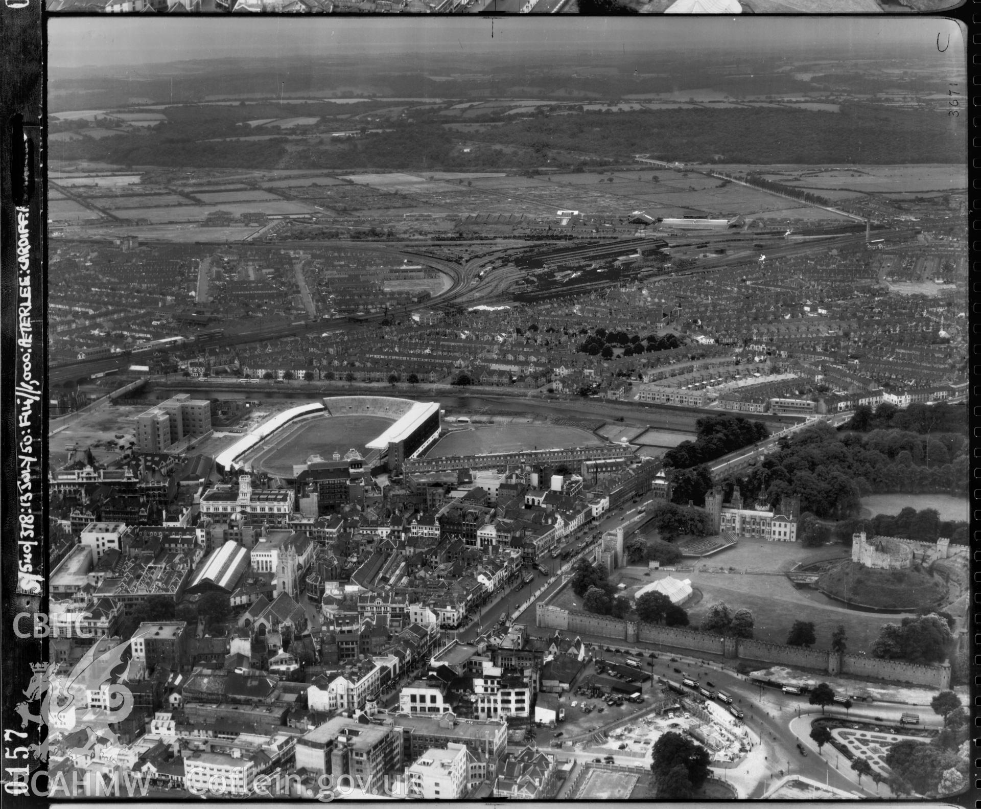Black and white low level oblique aerial photograph taken by the RAF 1950 centred on Cardiff Arms Park.
