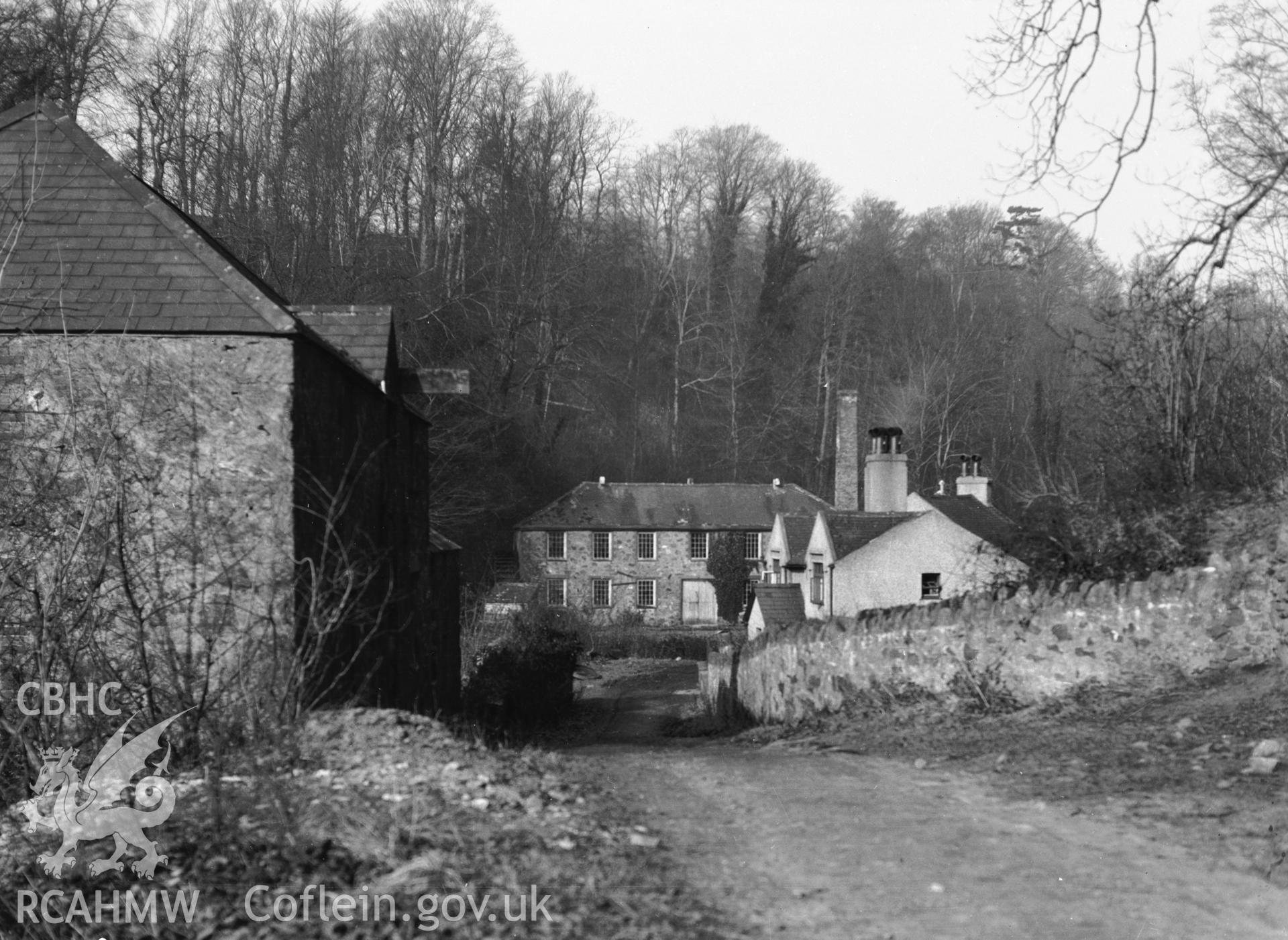 Digitised copy of a black and white negative showing Cadnant Woollen Mill, produced by RCAHMW, before 1960.