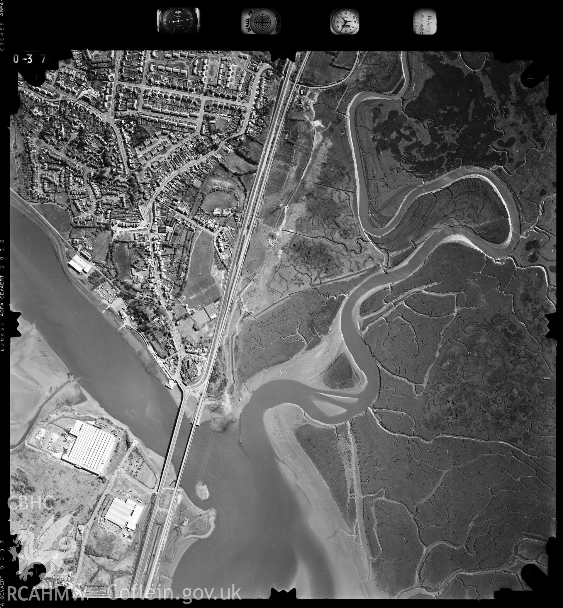 Digitized copy of an aerial photograph showing Loughor Railway Bridge, taken by Ordnance Survey, 1991.