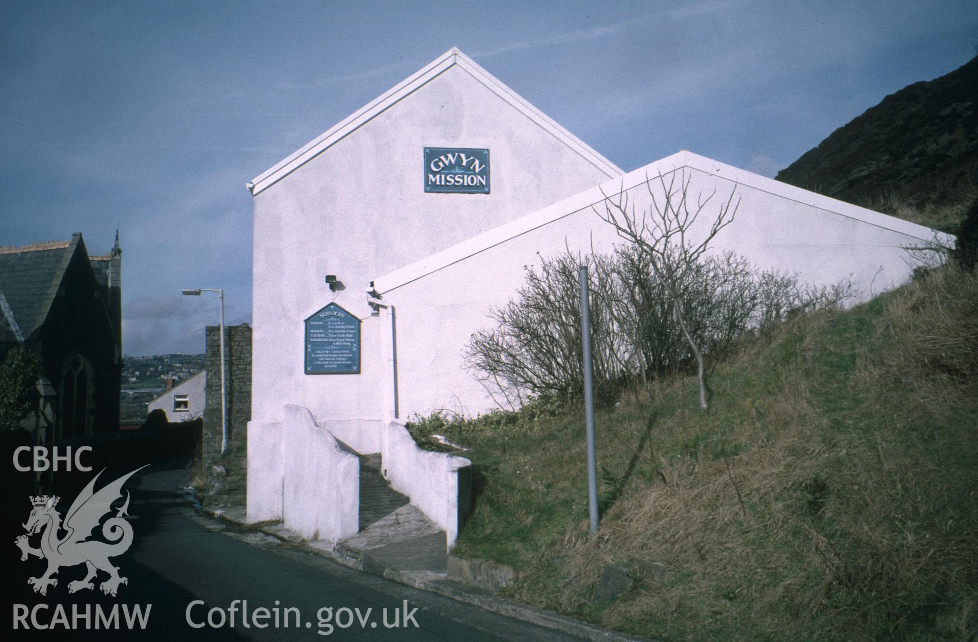 Colour slide of All Saints, Kilvey Road, Swansea: showing the south-east gable of the Gwyn Mission. The Gwyn Mission was originally the Kilvey Schools, founded in 1807.