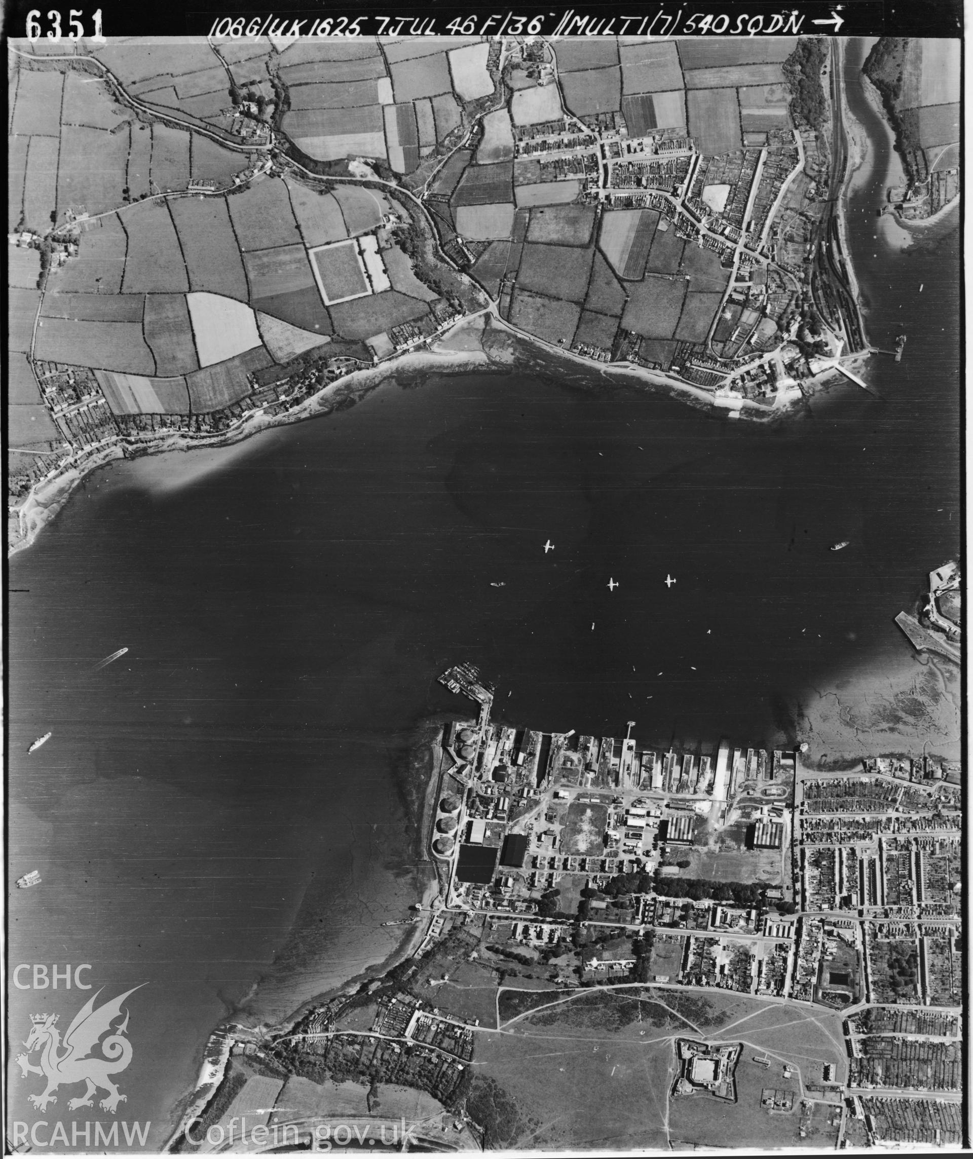 Black and white vertical aerial photograph taken by the RAF on 07/07/1946 centred on SM95610420 at a scale of 1:10000. The photograph includes part of Pembroke Dock community in Pembrokeshire.