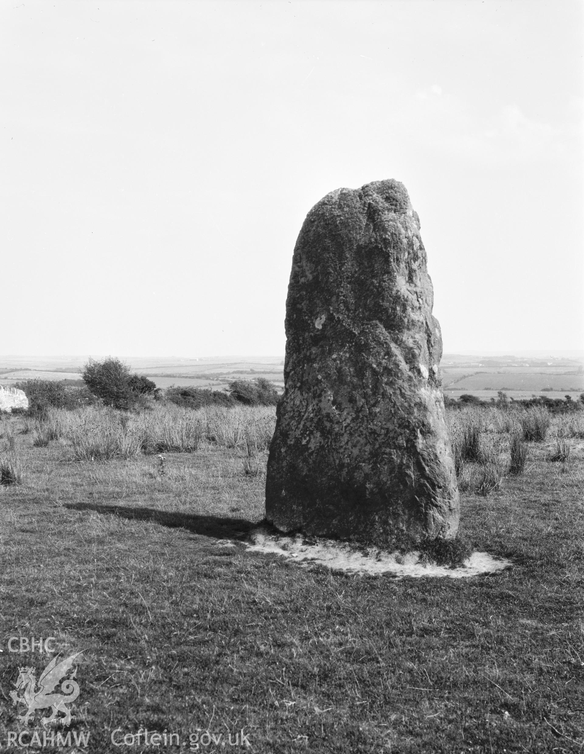 Black and white photograph showing the standing stone, taken by RCAHMW before 1960.