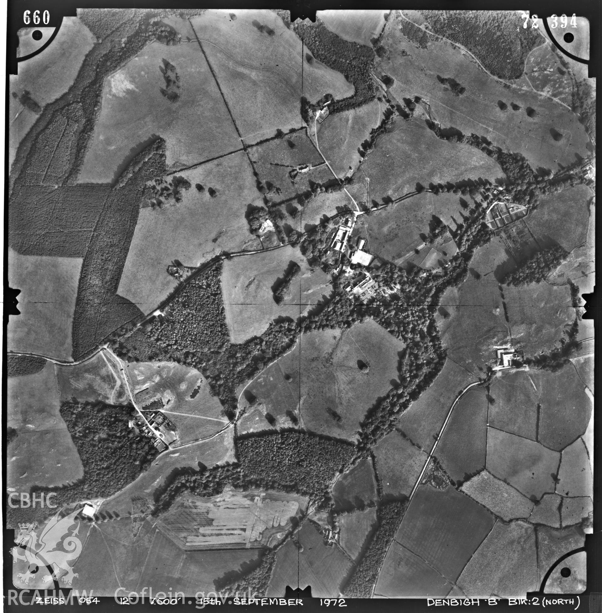 Digitized copy of an aerial photograph showing the area around Hafodunos, Llangernyw, taken by Ordnance Survey, 1972.