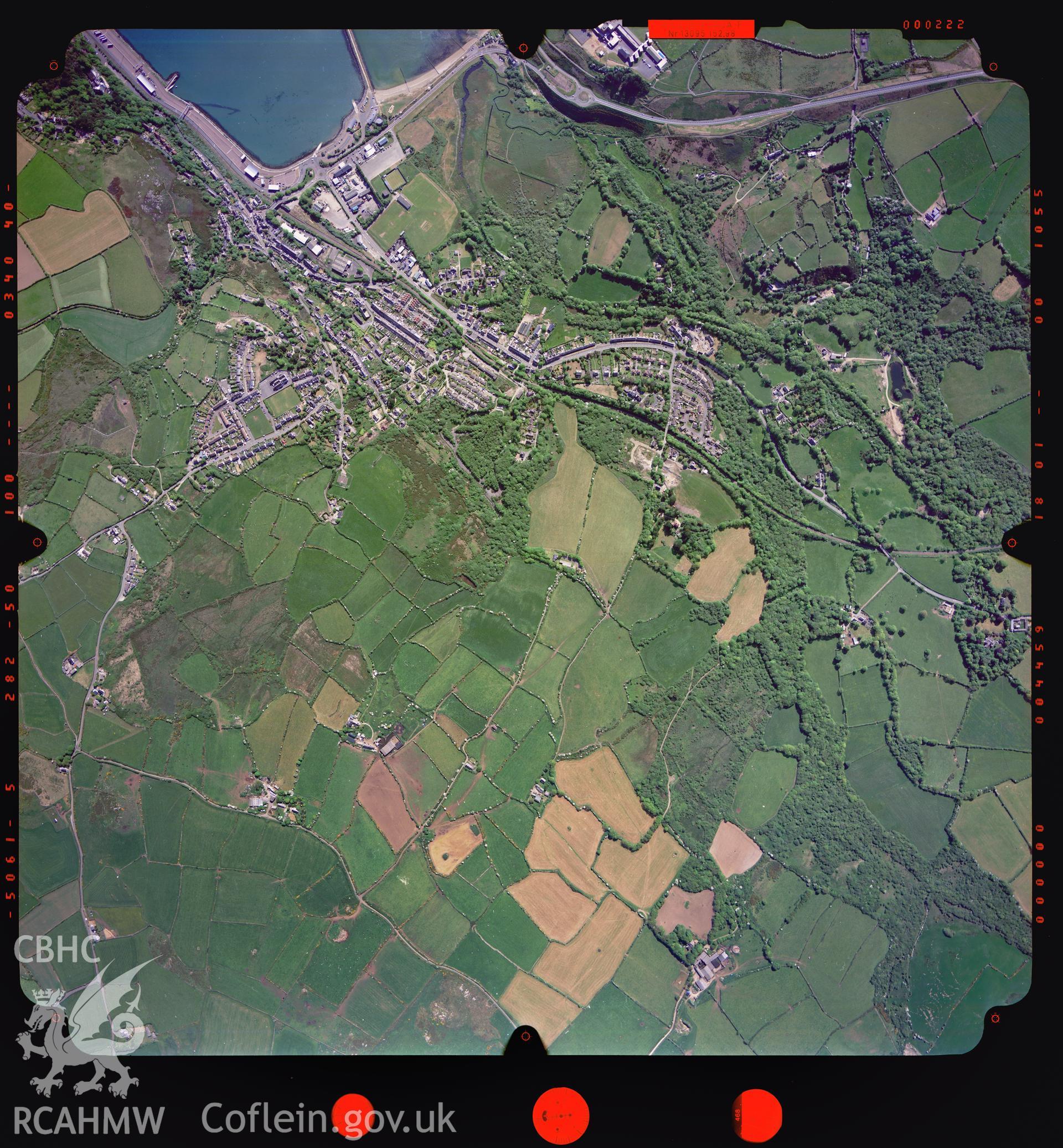 Digitized copy of a colour aerial photograph showing the Fishguard area, taken by Ordnance Survey, 2004.