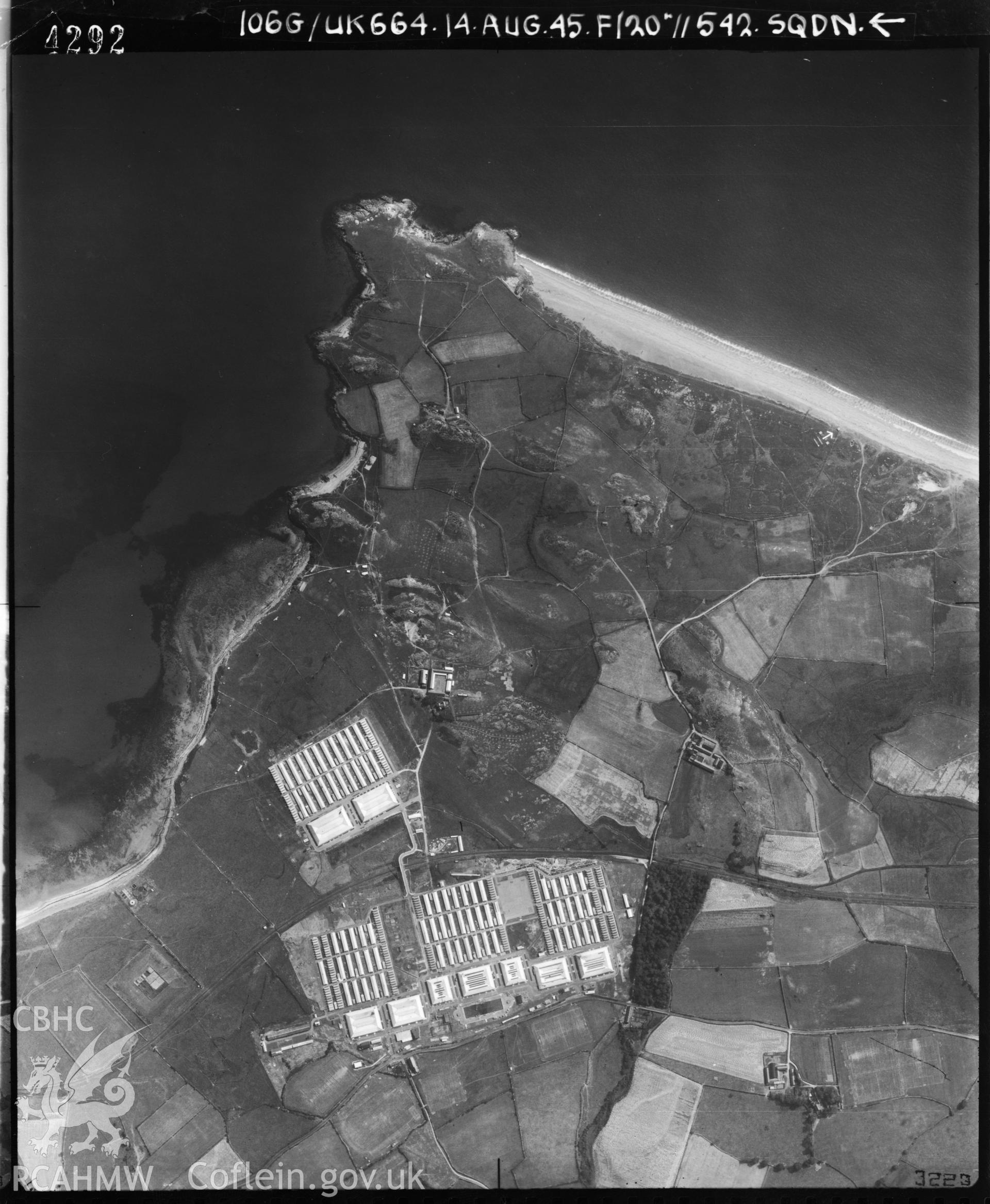 Black and white vertical aerial photograph taken by the RAF on 14/08/1945 centred on SH43203606 at a scale of 1:10000. The photograph includes part of Llannor community in Gwynedd.