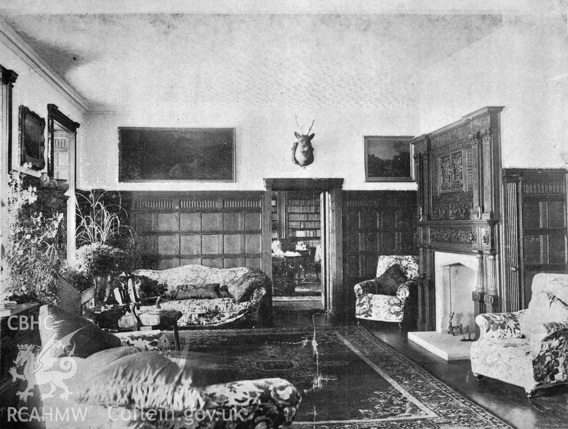 Black and white photograph showing the hall at Tregunter.