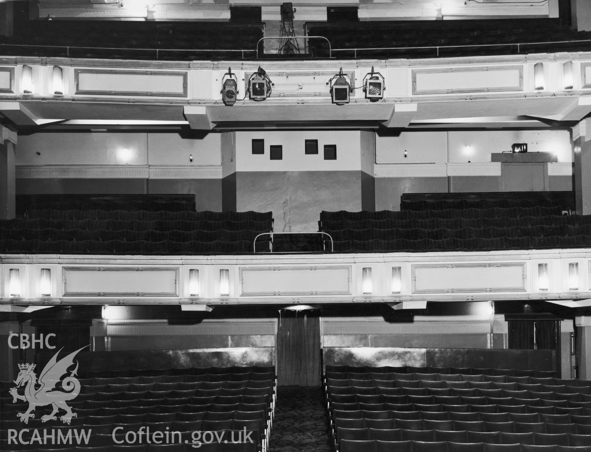One black and white print of the Prince of Wales Theatre, Cardiff, showing the interior auditorium. Undated but received by NBR on 22/03/1960.