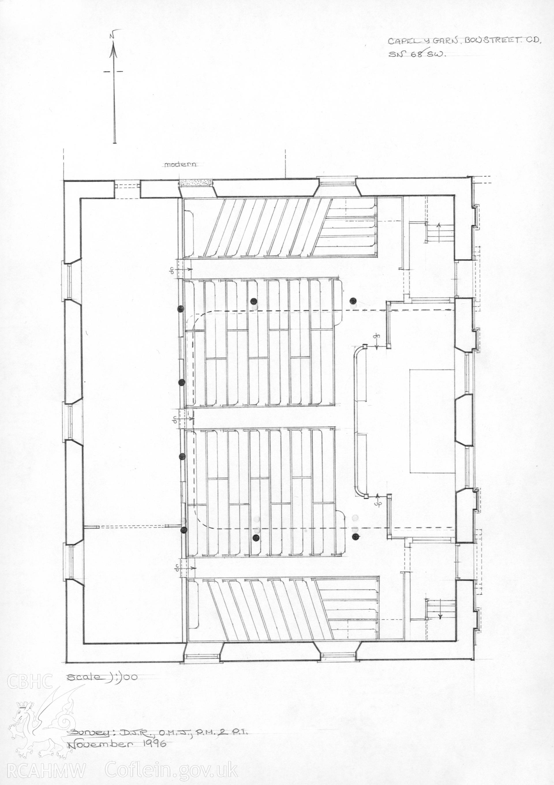Pencil drawing showing plan of Capel y Garn, by Dylan Roberts dated November 1996.
