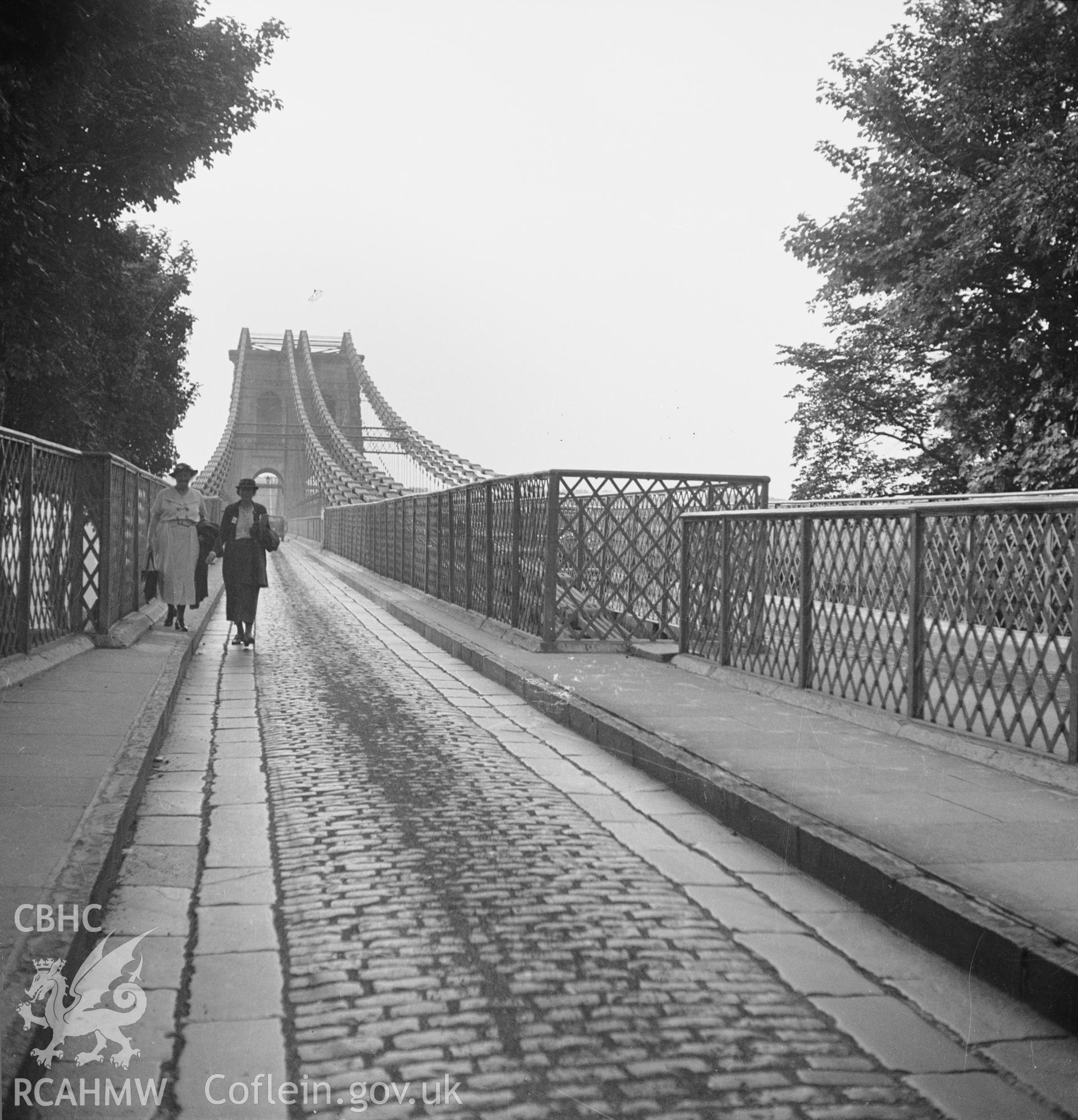 Black and white print of Menai Suspension Bridge, Menai Bridge.