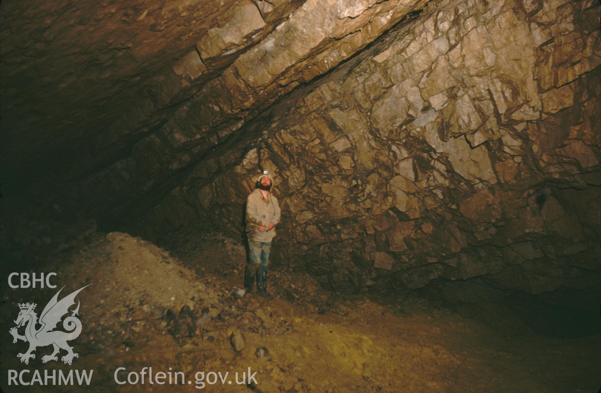 Digitized 35mm slide showing the downhill shaft cavern at Maeshafn.