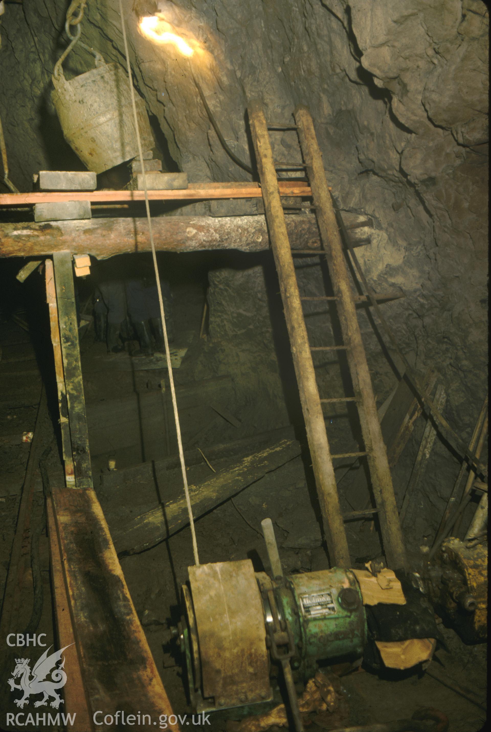 Digitized 35mm slide of Milwr Tunnel, Halkyn, showing men working in Lode 621.