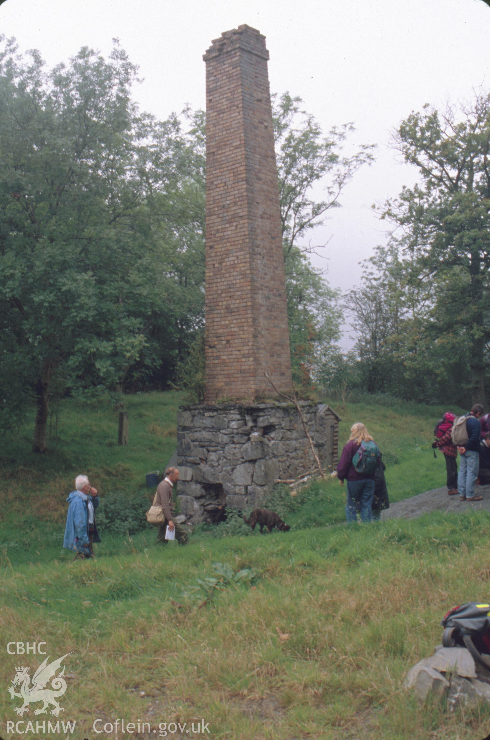 Digitized 35mm slide showing Llangynog Mine, chimney.