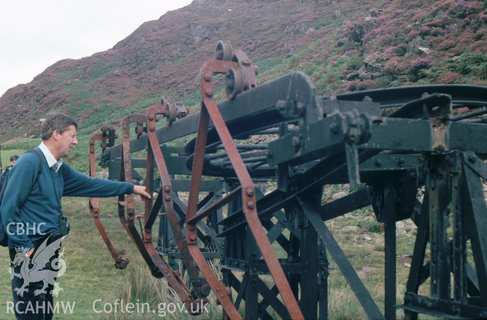 Digitized 35mm slide showing Cwm Bychan Copper Mine, aerial ropeway, Beddgelert.