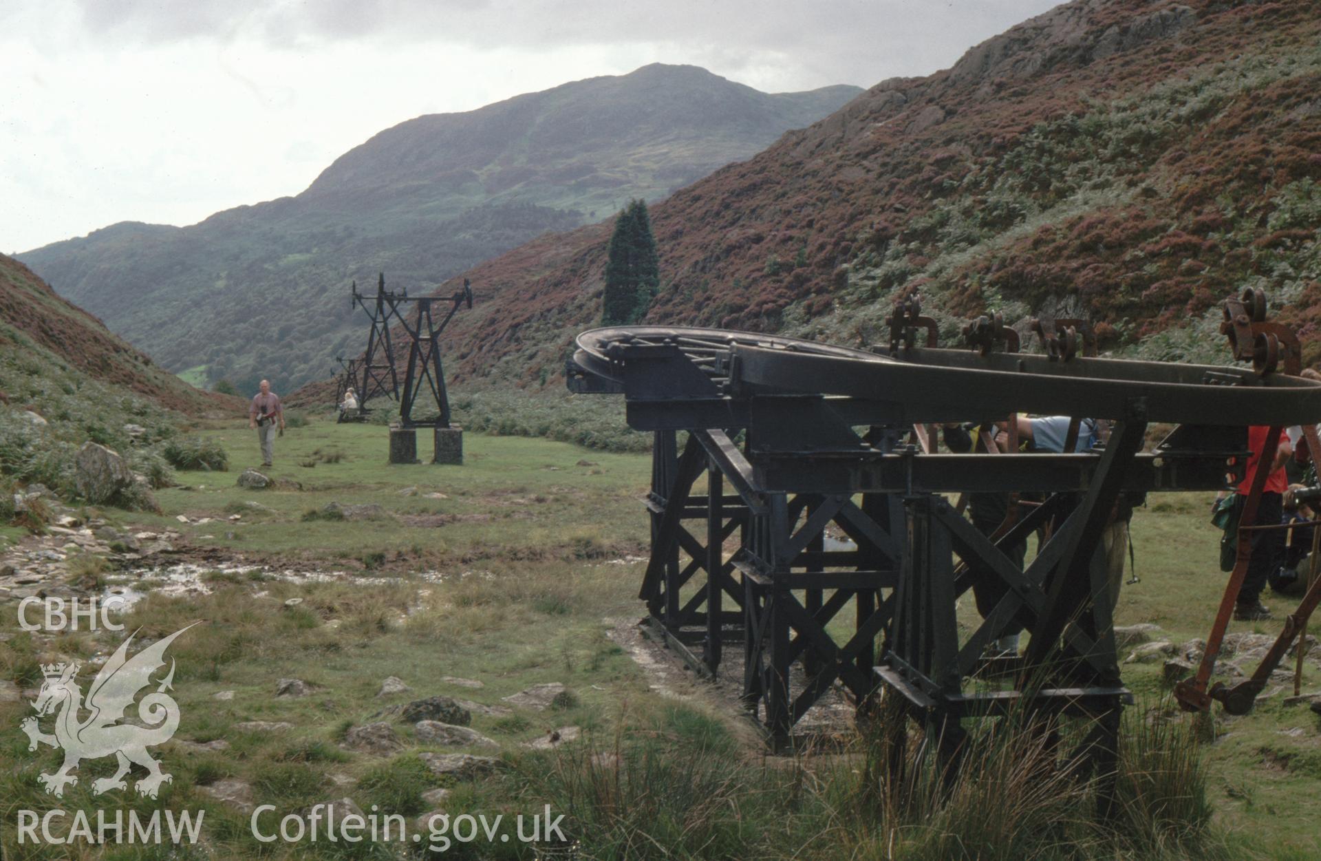 Digitized 35mm slide showing Cwm Bychan Copper Mine, aerial ropeway, Beddgelert.
