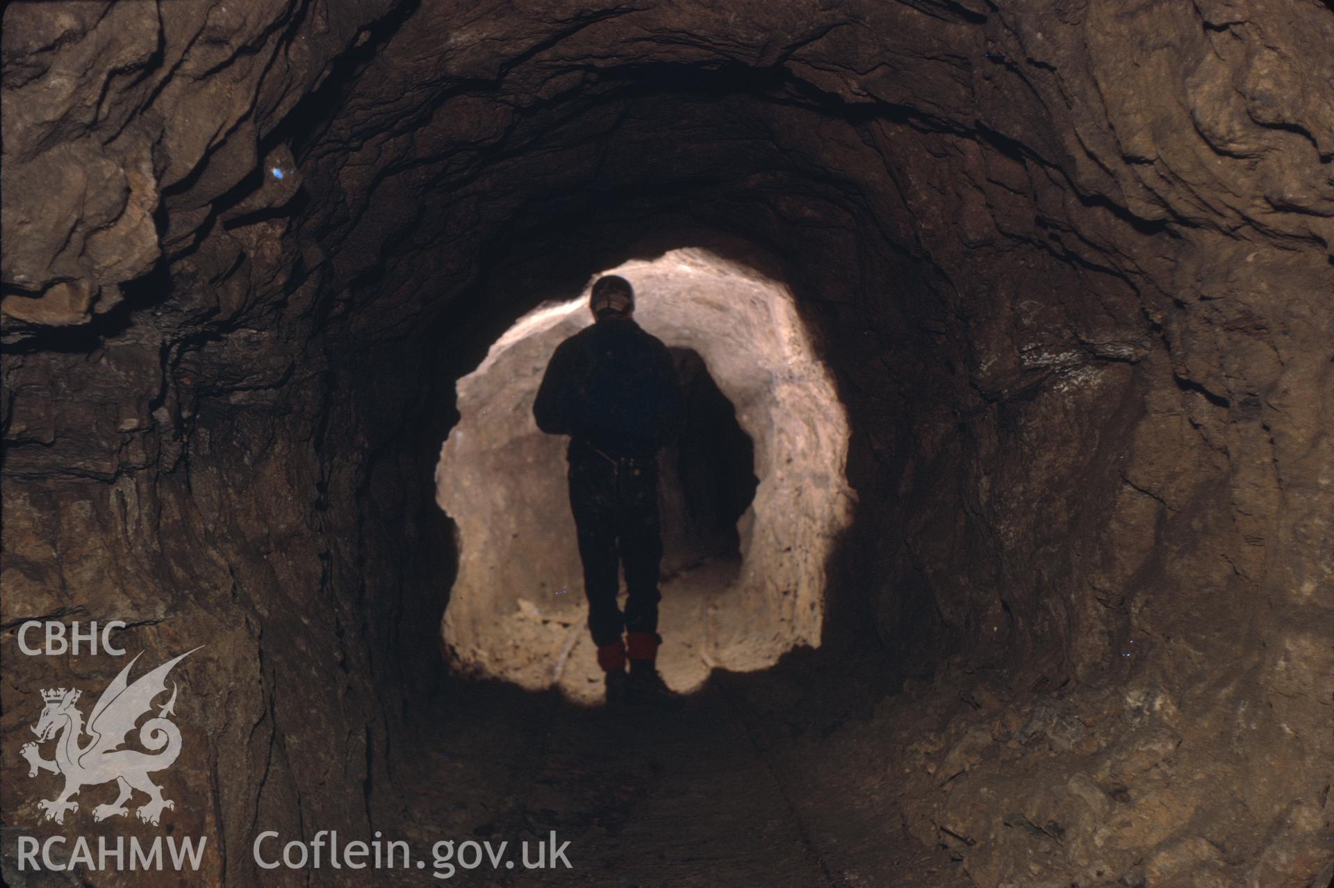 Digitized 35mm slide of Old Mine level off Treweeks shaft, taken by Christopher J. Williams, and loaned by him for copying.