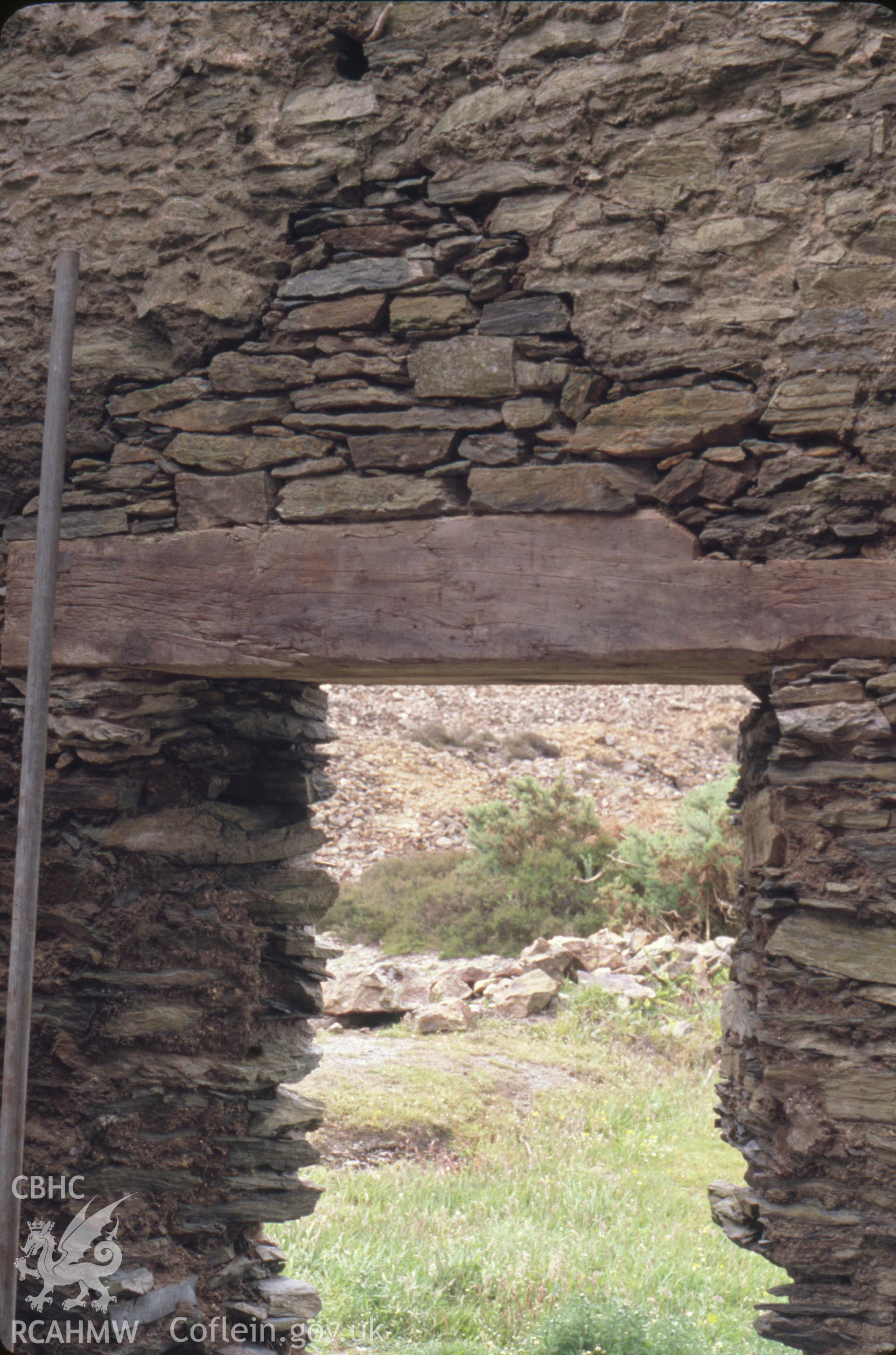 Digitized 35mm slide showing Pearl Shaft engine house interior, lintel.