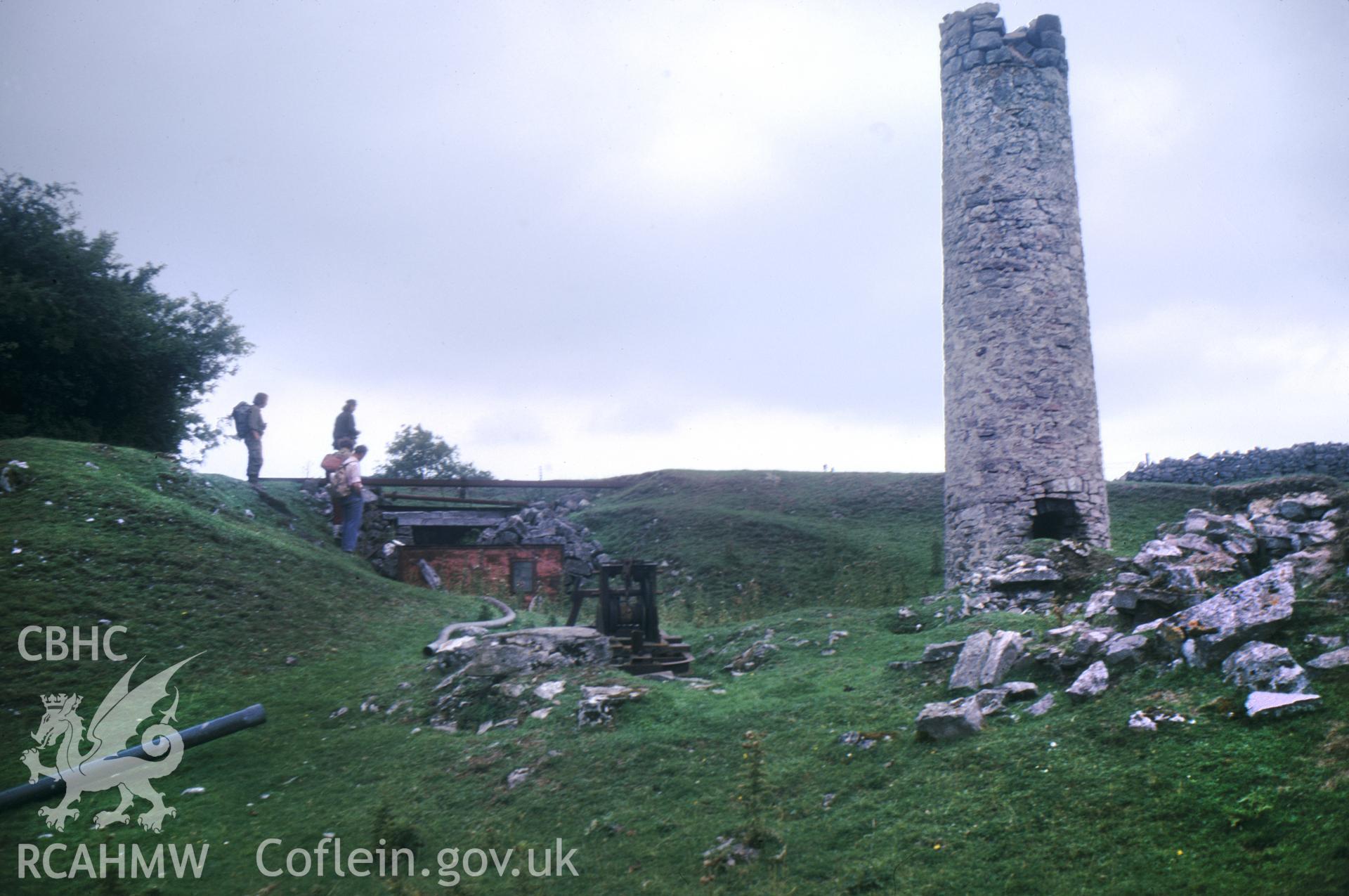 Digitized 35mm slide of Bog East Mine, Llanarmon, showing chimney.
