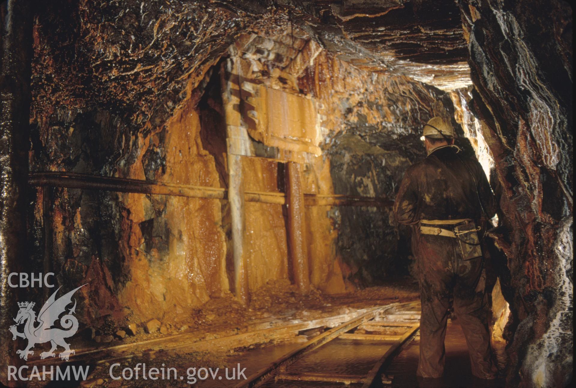 Digitized 35mm slide of Parc Mine, ore chute, taken by Christopher J. Williams, and loaned by him for copying.