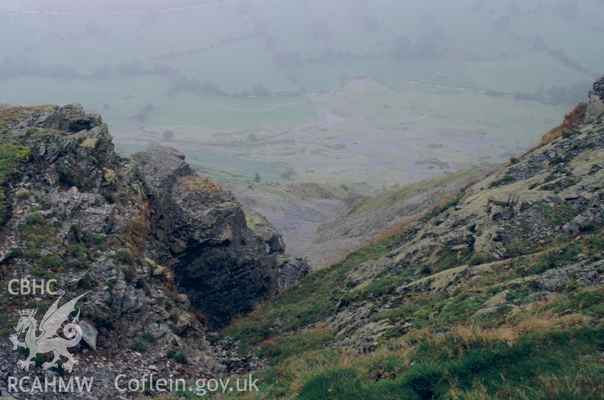 Digitized 35mm slide showing Craig-y-Mwyn Lead Mine, hush and leats.