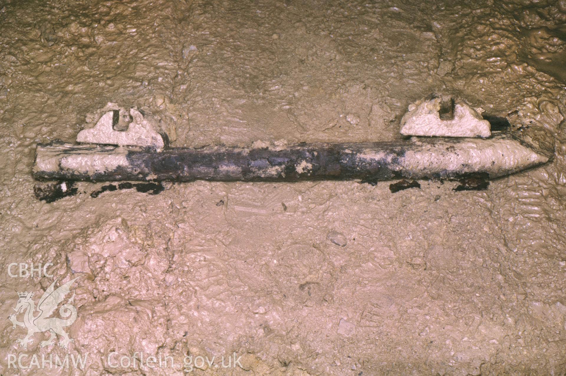 Digitized 35mm slide of Waenlas Mine, Llanarmon, showing adit, sleeper and chairs.