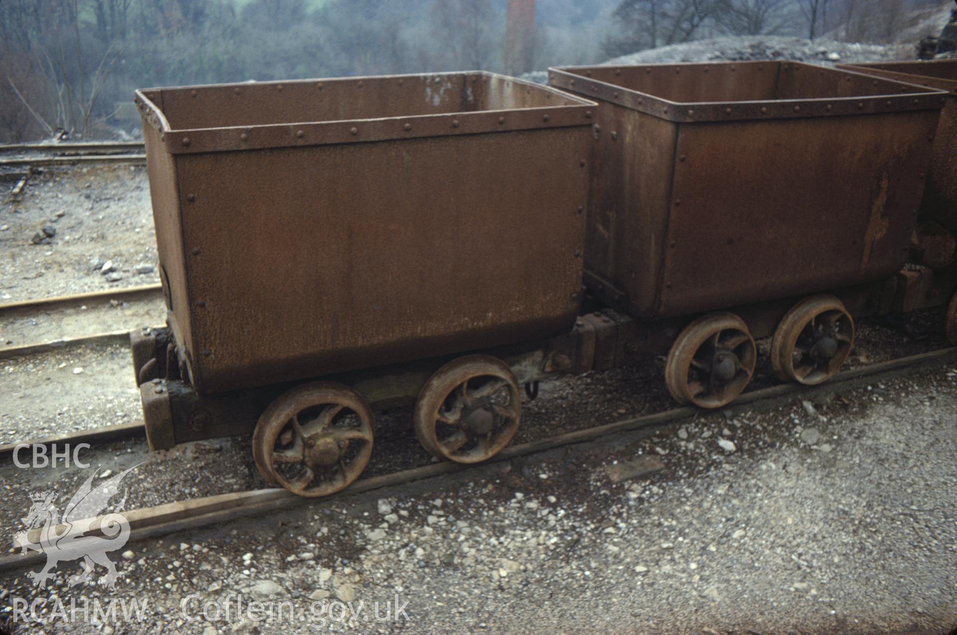 Digitized 35mm slide of Olwyn Goch Mine, Halkyn, showing wagons.
