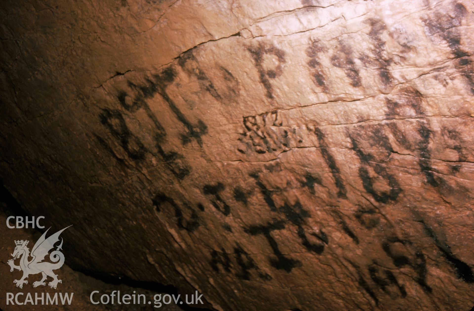 Digitized 35mm slide showing the downhill shaft graffiti at Maeshafn.