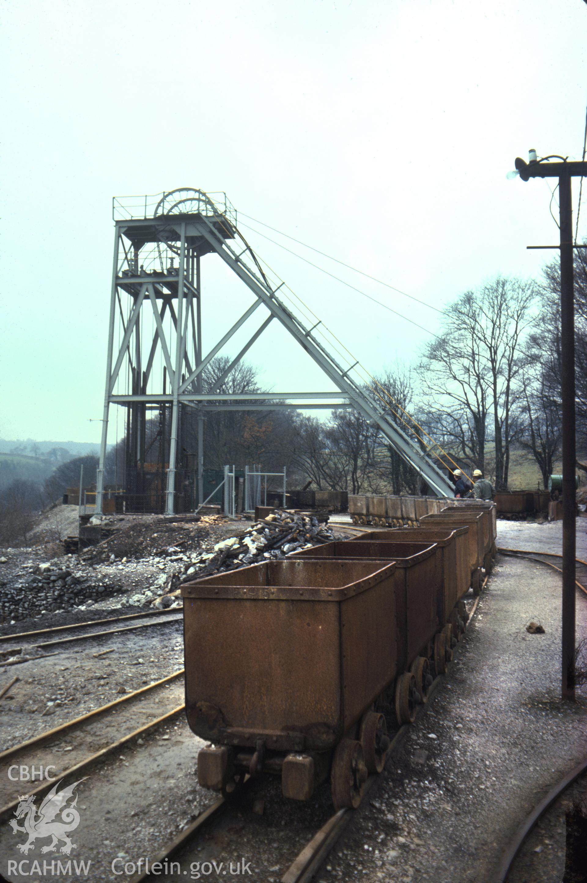 Digitized 35mm slide of Olwyn Goch Mine, Halkyn, showing shaft and wagons.