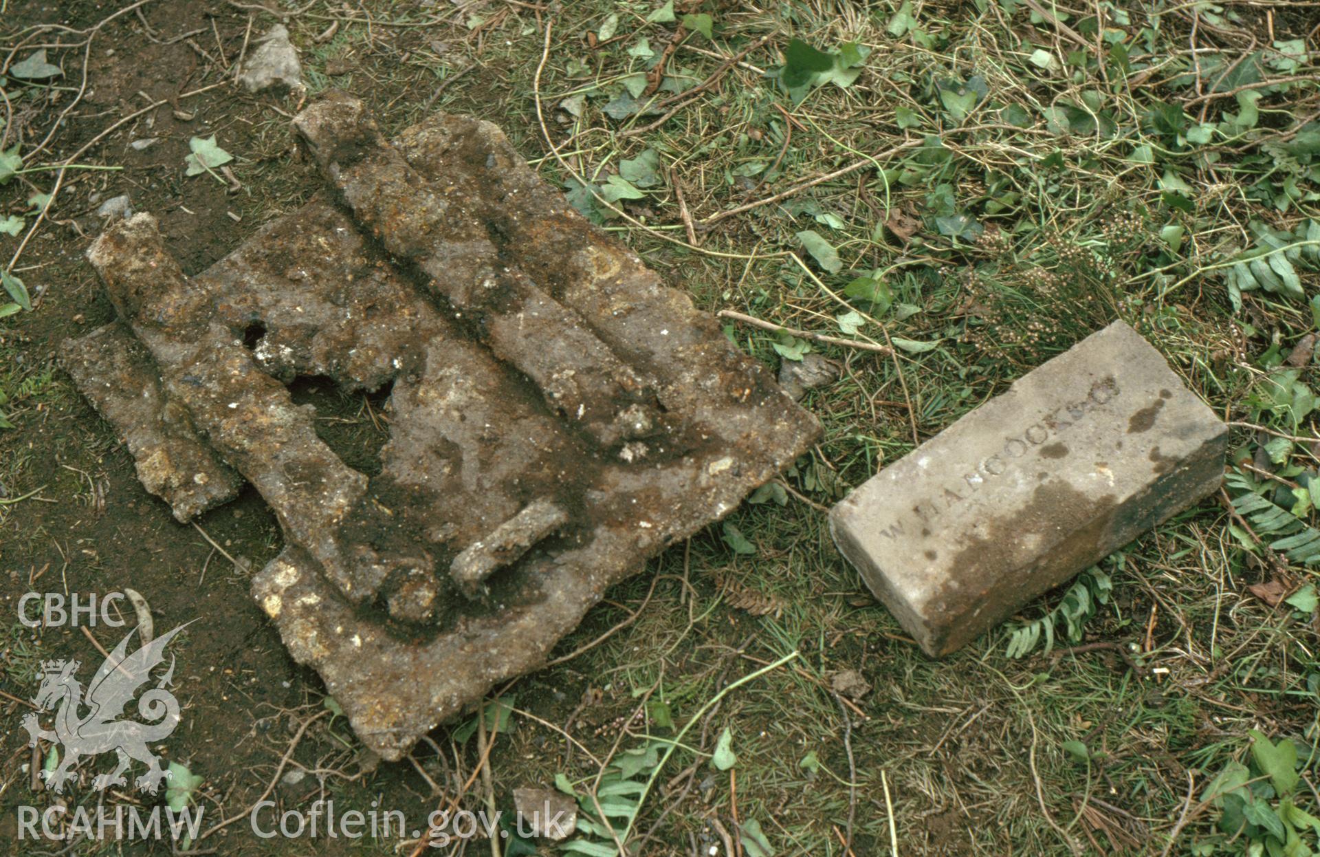 Digitized 35mm slide showing Pearl Shaft firebox door and arch brick, Parys Mountain.