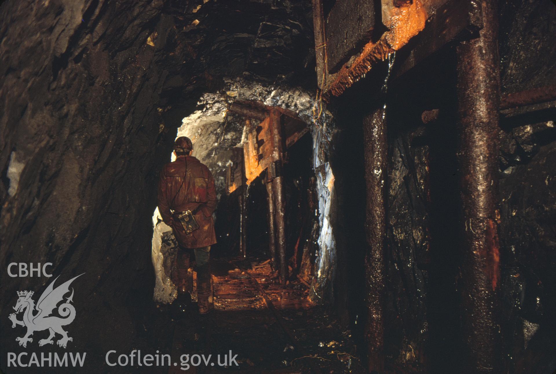 Digitized 35mm slide of Parc Mine, ore chute, taken by Christopher J. Williams, and loaned by him for copying.