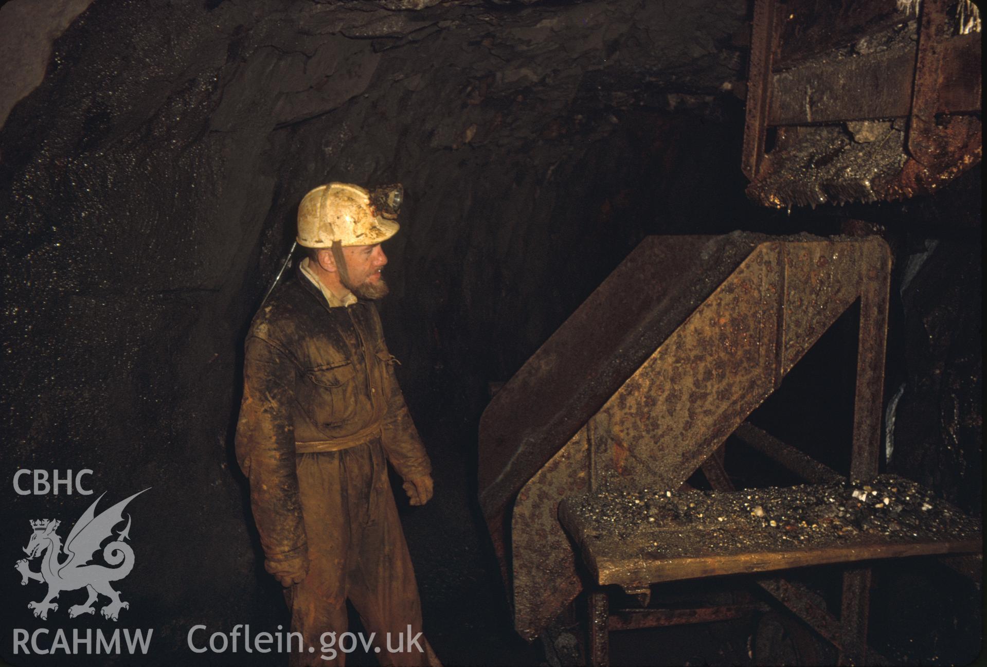 Digitized 35mm slide of Parc Mine, ore chute, taken by Christopher J. Williams, and loaned by him for copying.
