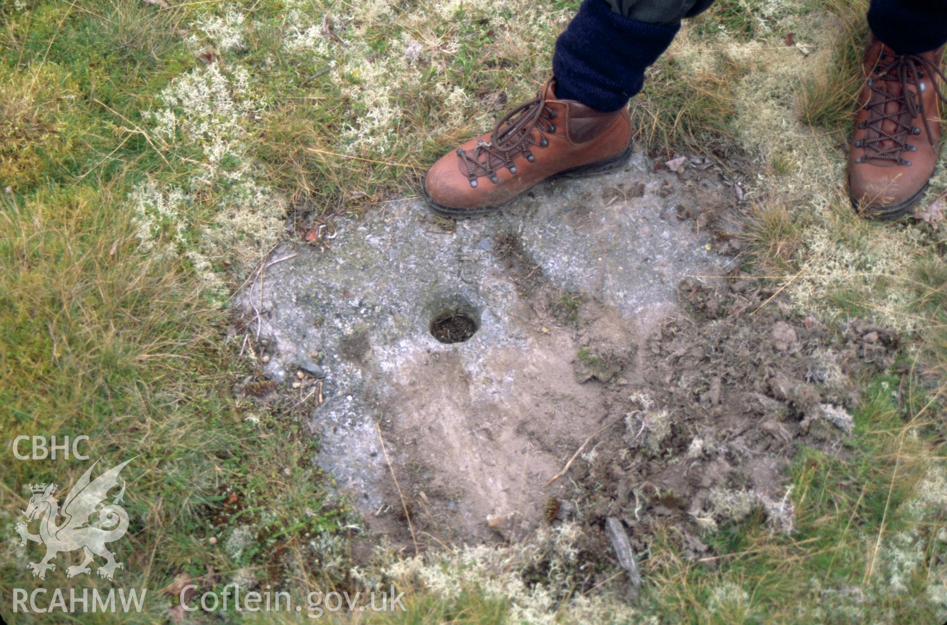 Digitized 35mm slide showing Llangynog Mine whim circle, stone bearing block.