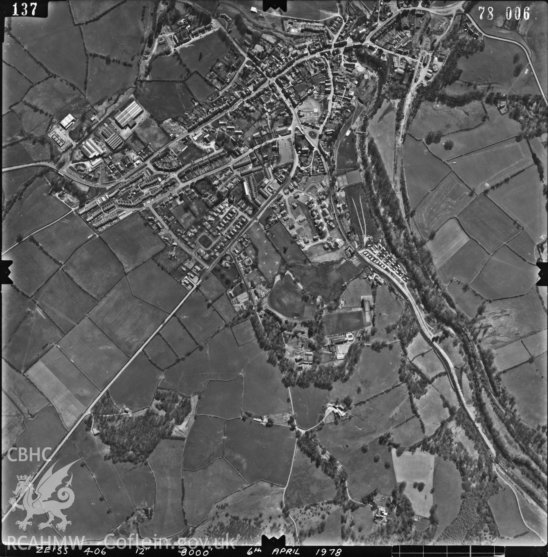 Digitized copy of an aerial photograph showing Rhayader area, taken by Ordnance Survey, 1978.