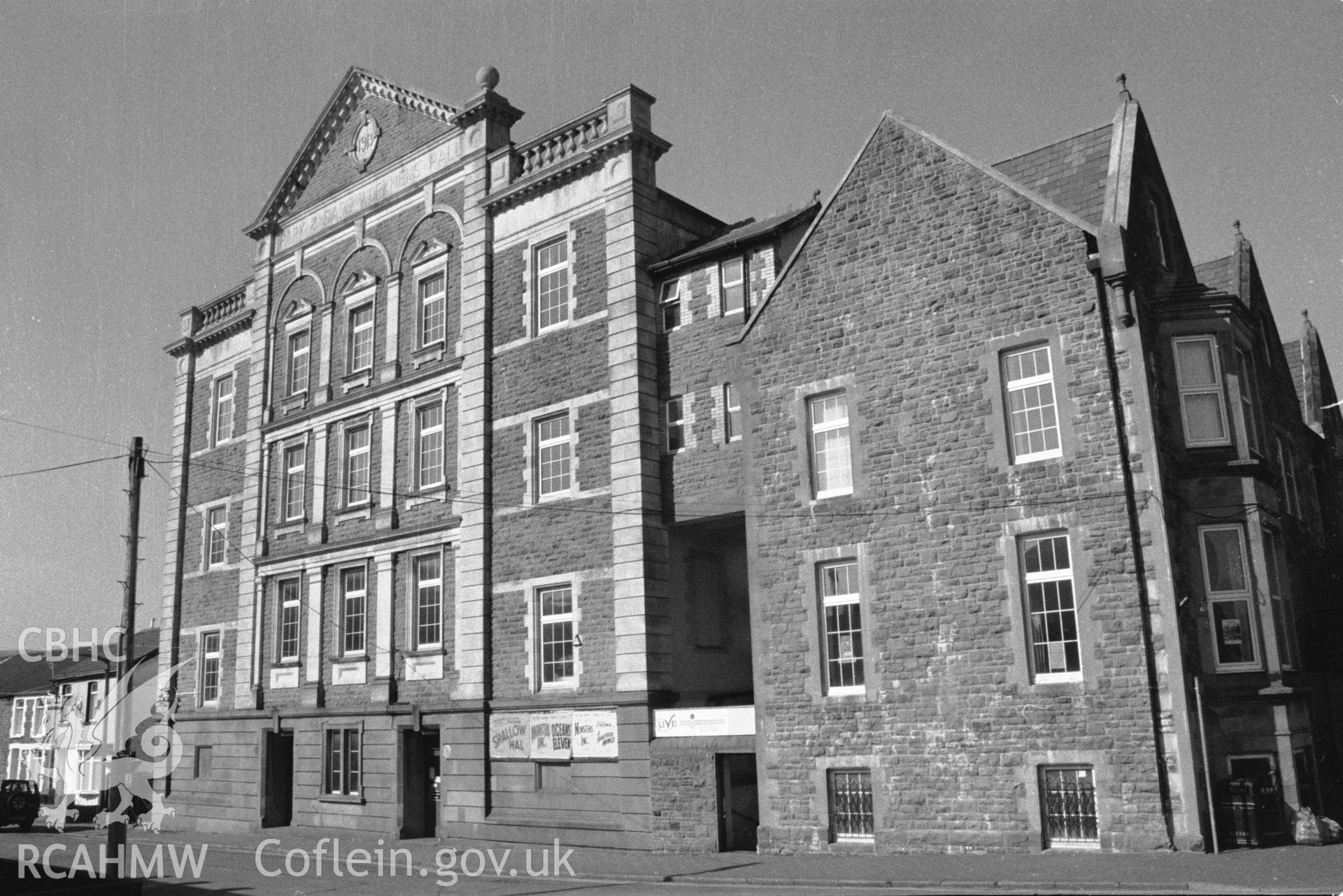 Exterior, three-quarter view of Dyfodwg Street elevation, 1892 and 1912 buildings