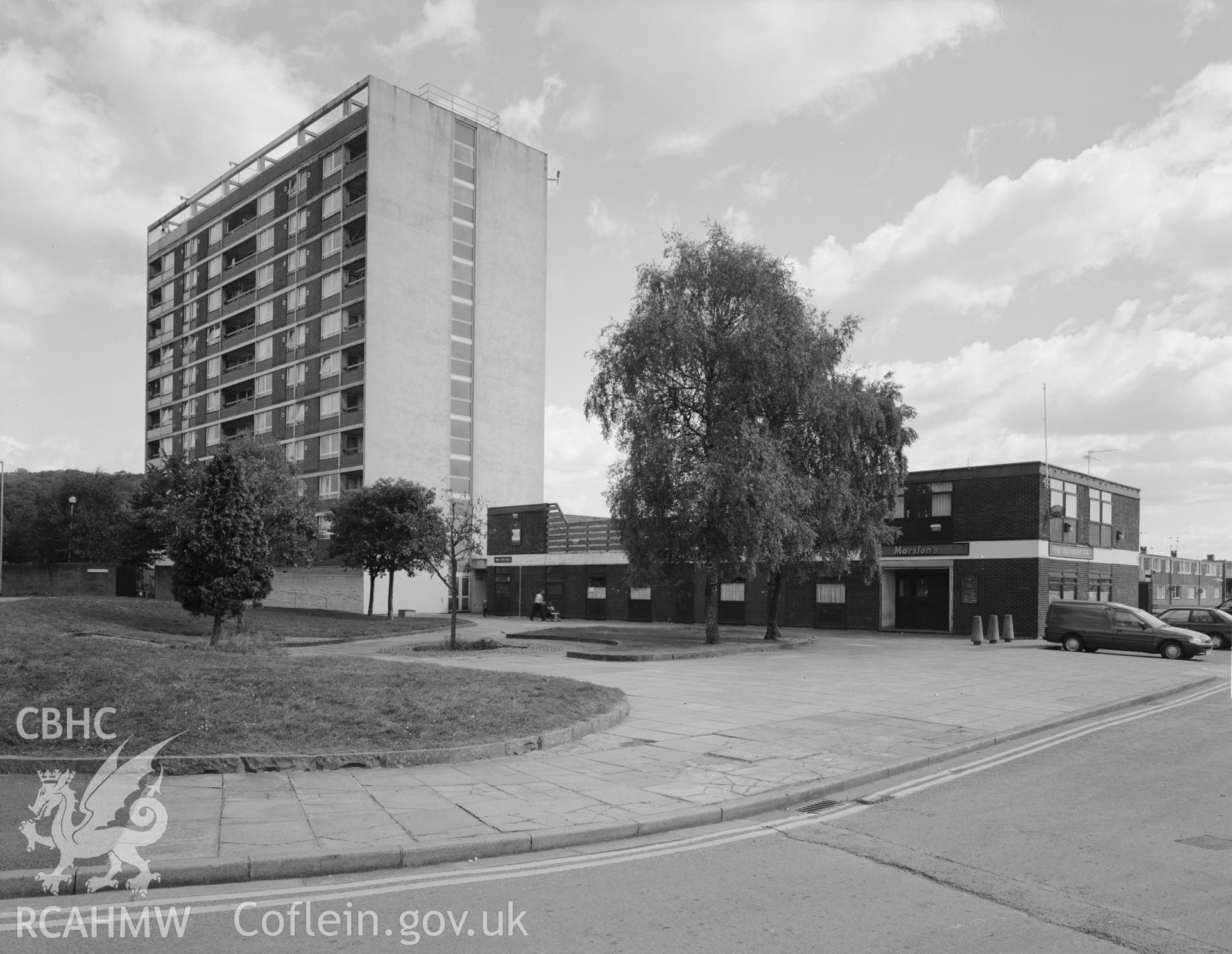 Tower block and Public House viewed from NW