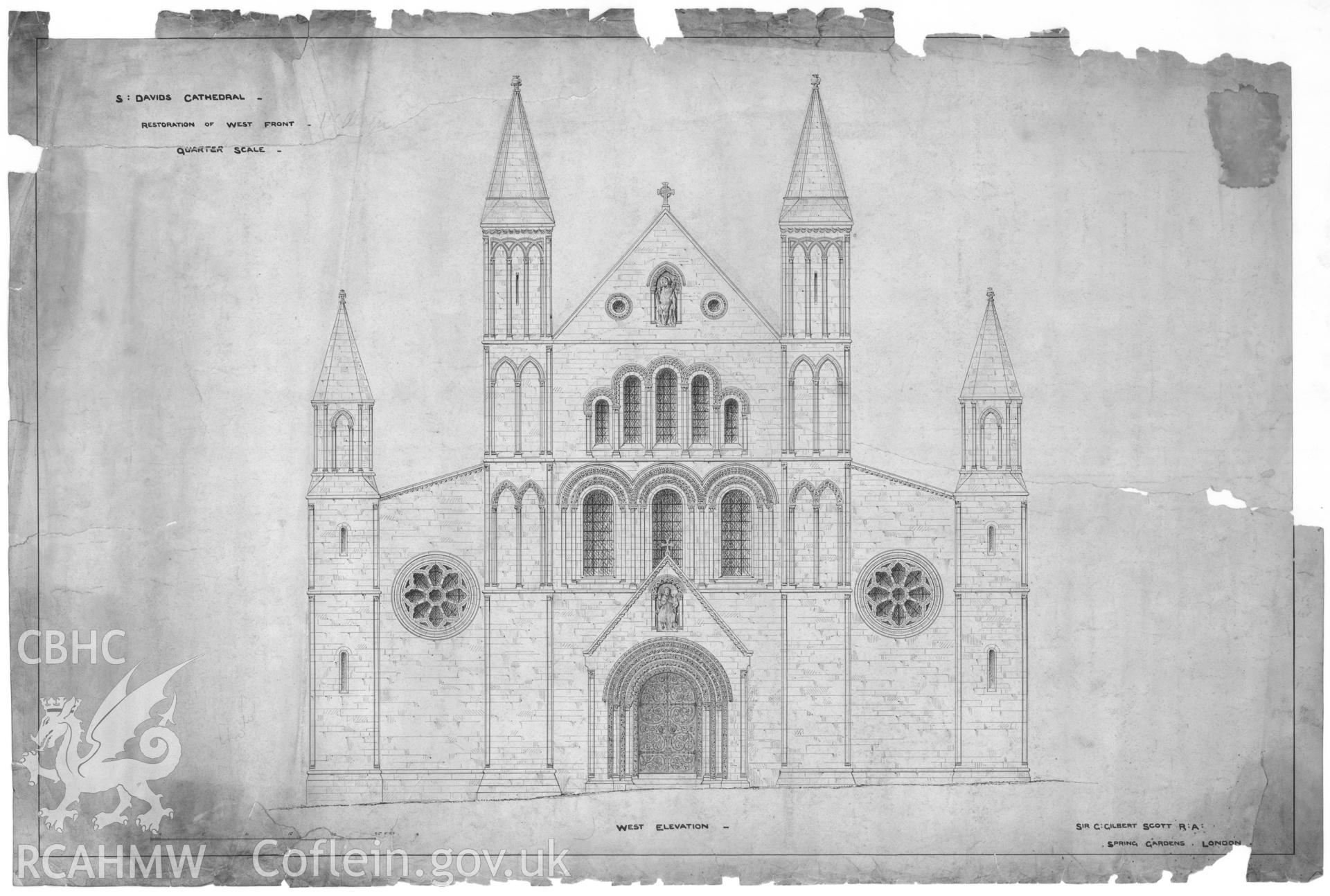 Measured drawing showing planned restoration of west front of St David's Cathedral, produced by Sir G. Gilbert Scott, undated.