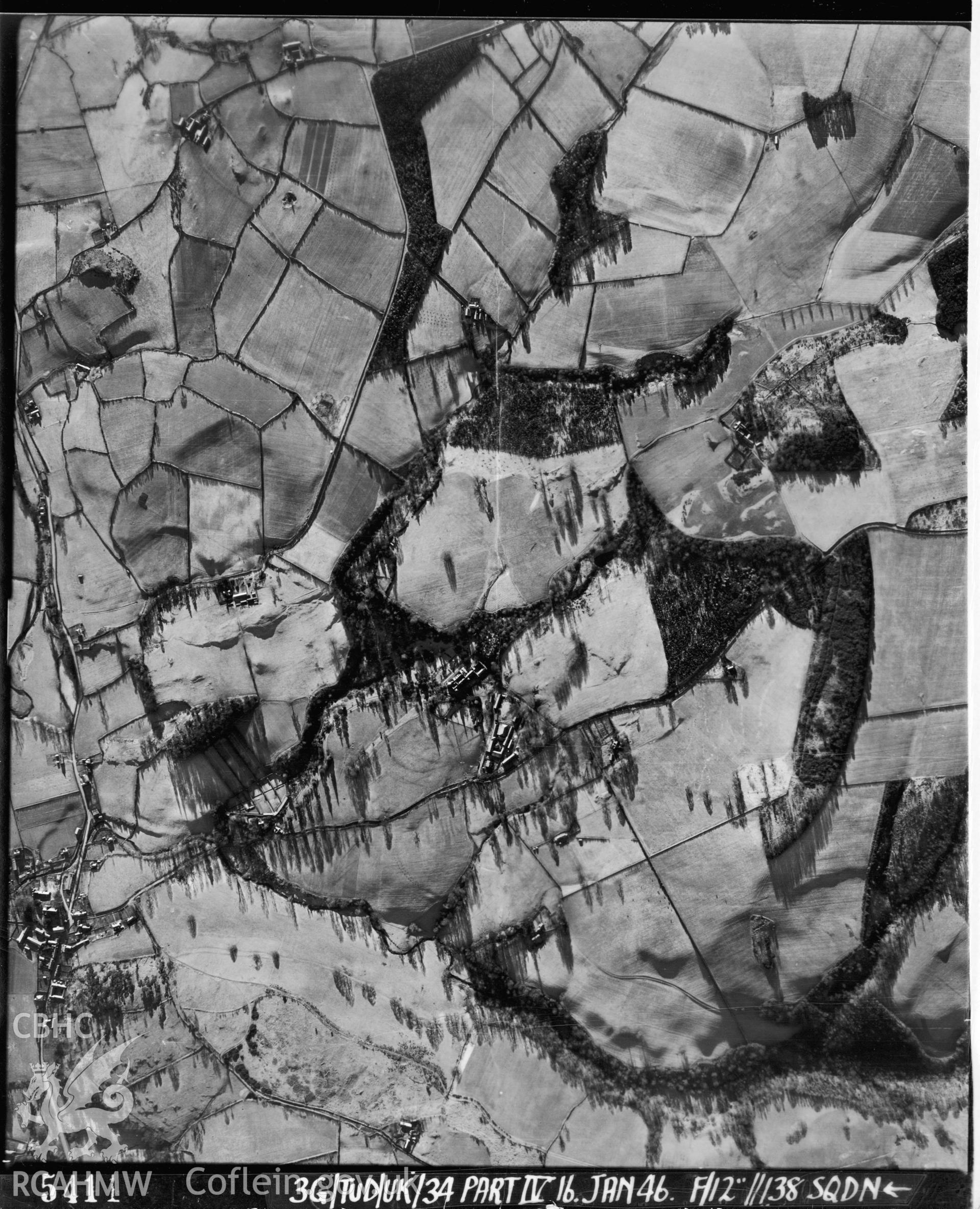 Black and white vertical aerial photograph taken by the RAF on 16/01/1946 centred on SH98077423 at a scale of 1:10000. The photograph includes part of Abergele community in Conwy.