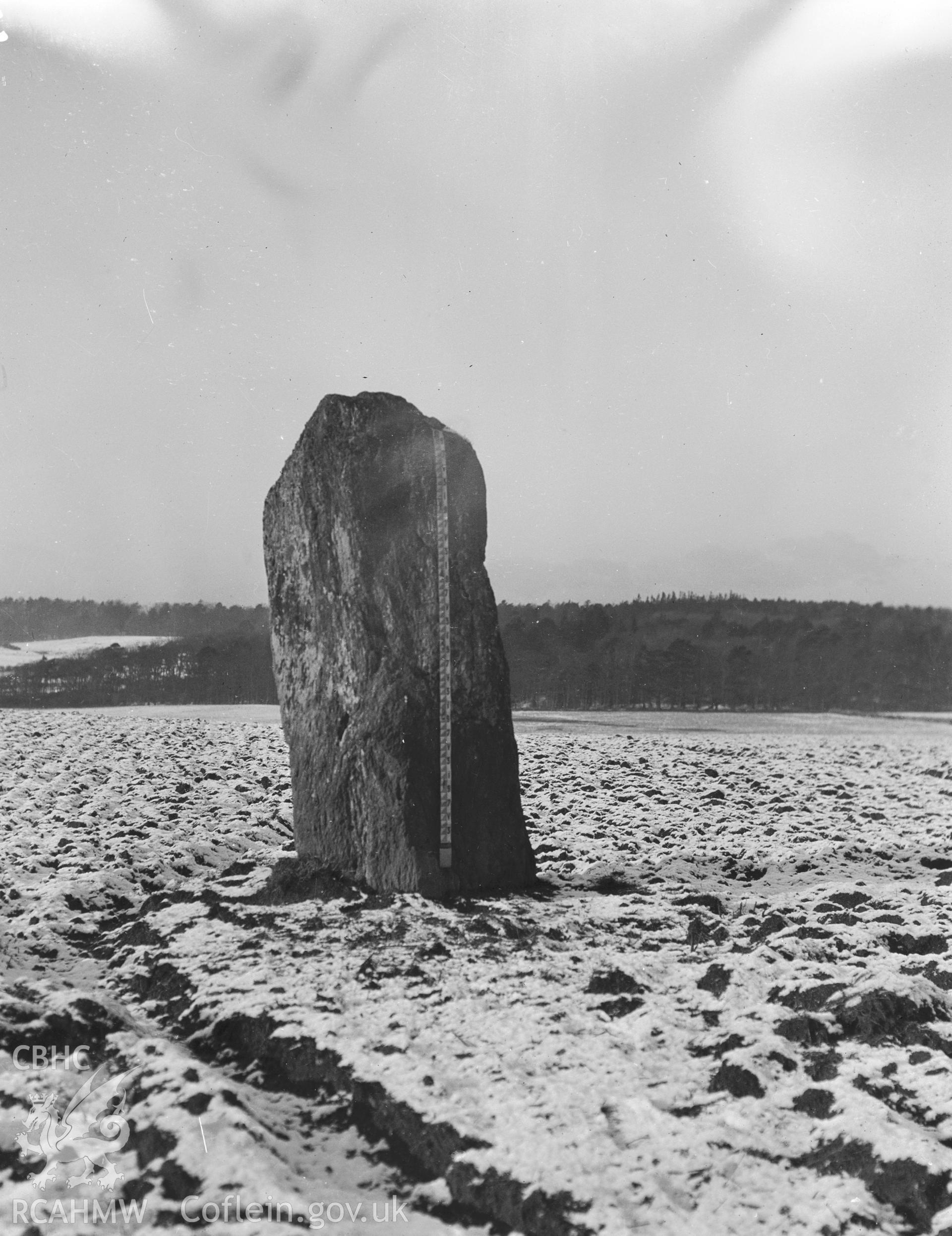 Black and white photograph showing Cremlyn South Standing Stone, taken by RCAHMW before 1960.