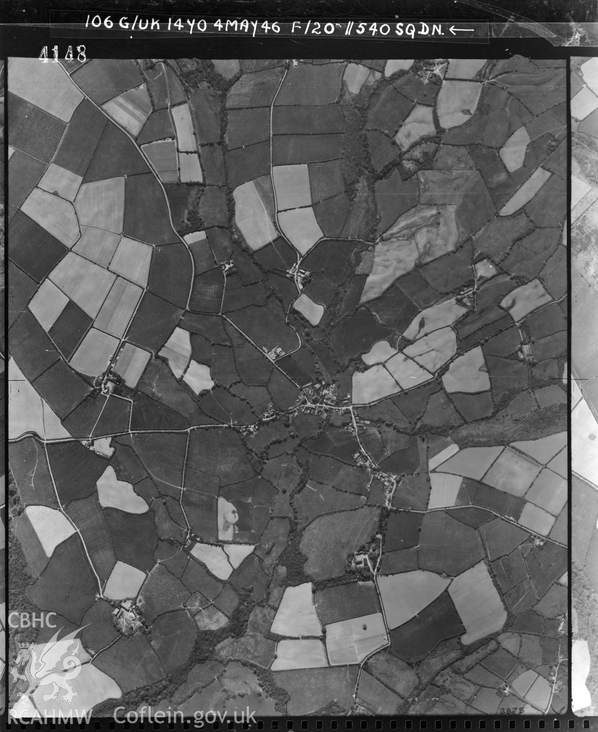Black and white vertical aerial photograph taken by the RAF on 04/05/1946 centred on SN45805520 at a scale of 1:10000. The photograph includes part of Llanarth community in Ceredigion.