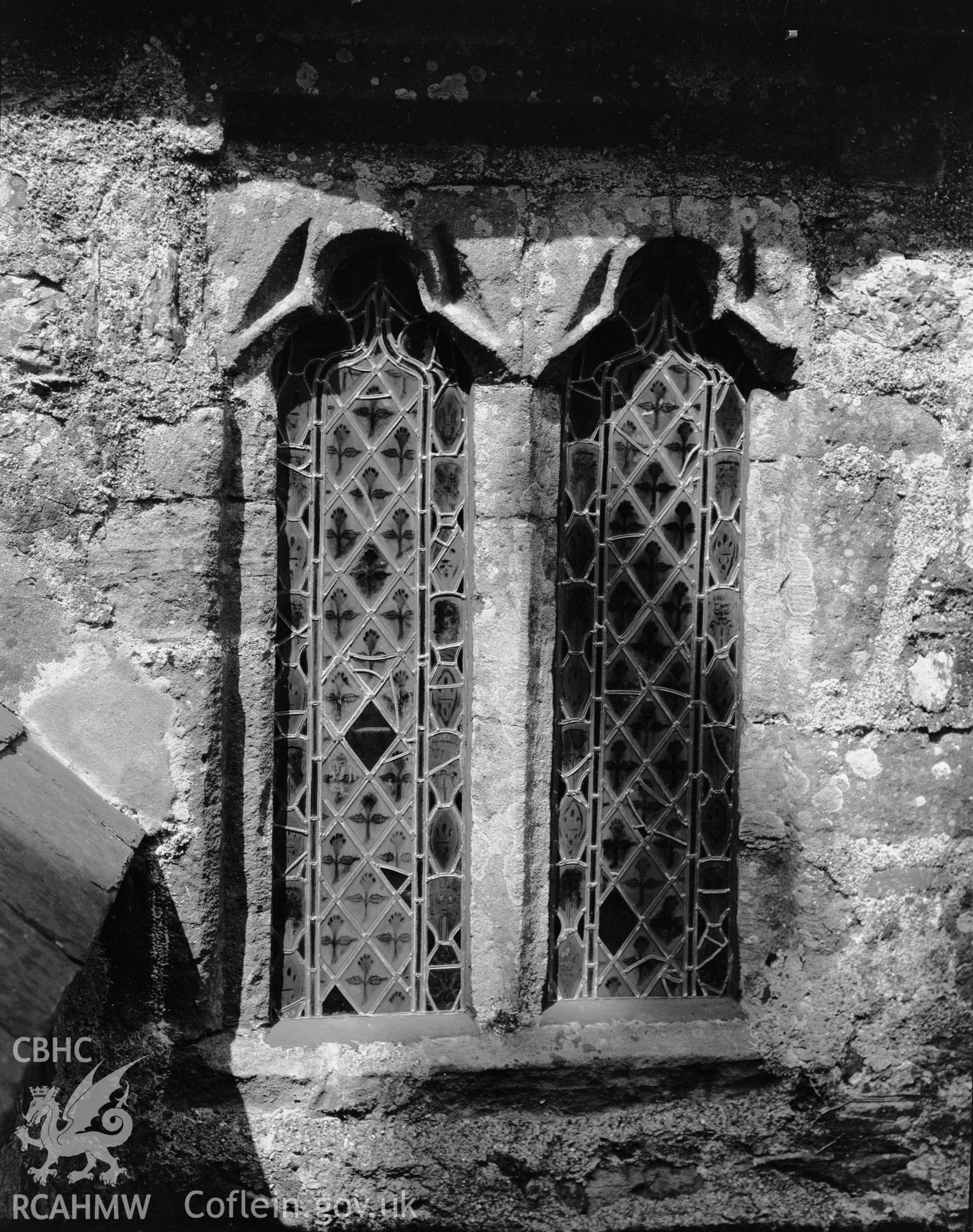 Digitised copy of a black and white negative showing window at St Mary's Church produced by RCAHMW, pre1960.