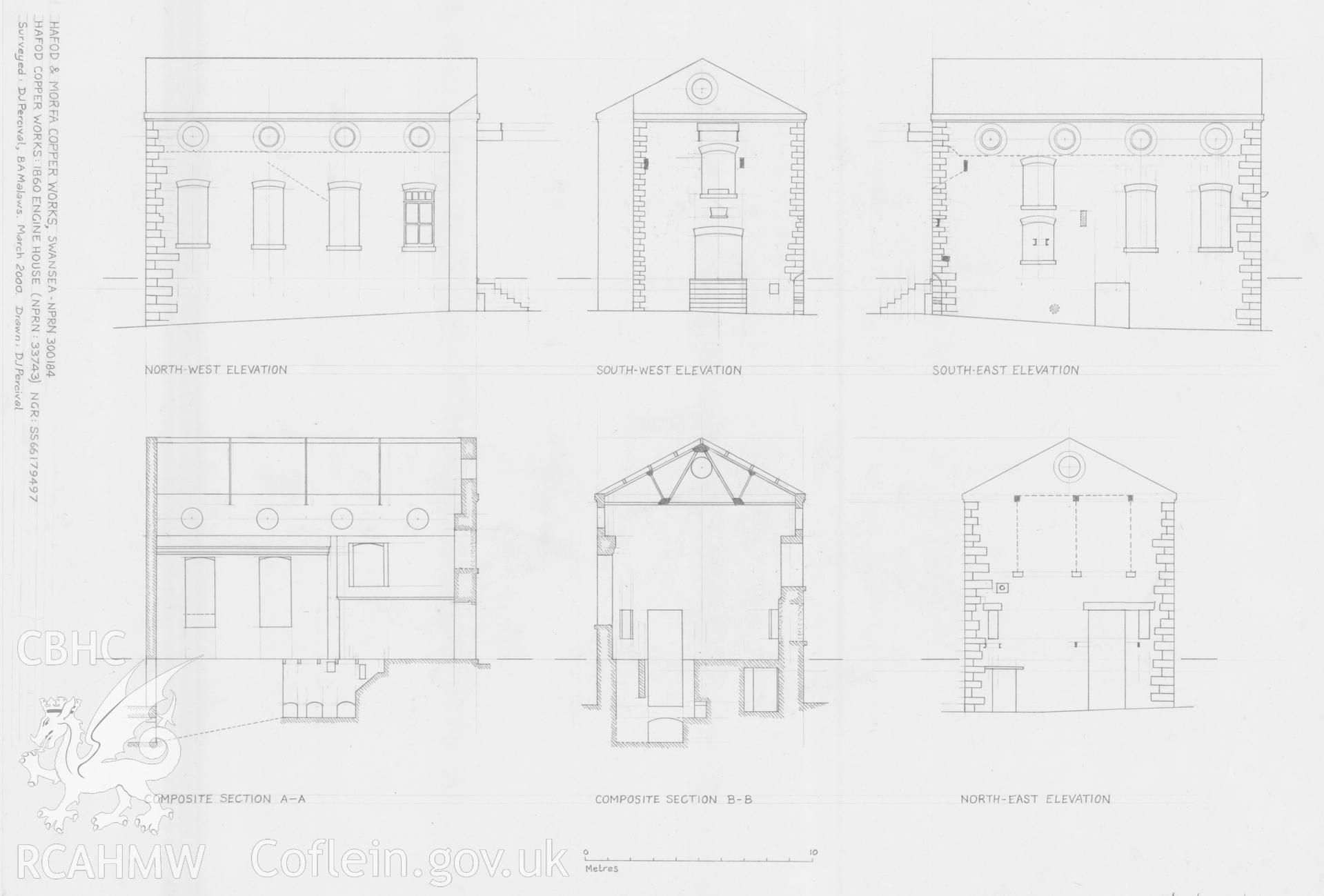 Measured survey comprising elevation and section views of the 1860 Engine House at Hafod and Morfa Copperworks, drawn by David Percival following survey by Dylan Roberts, Brian Malaws, David Percival and Geoff Ward, 2000.