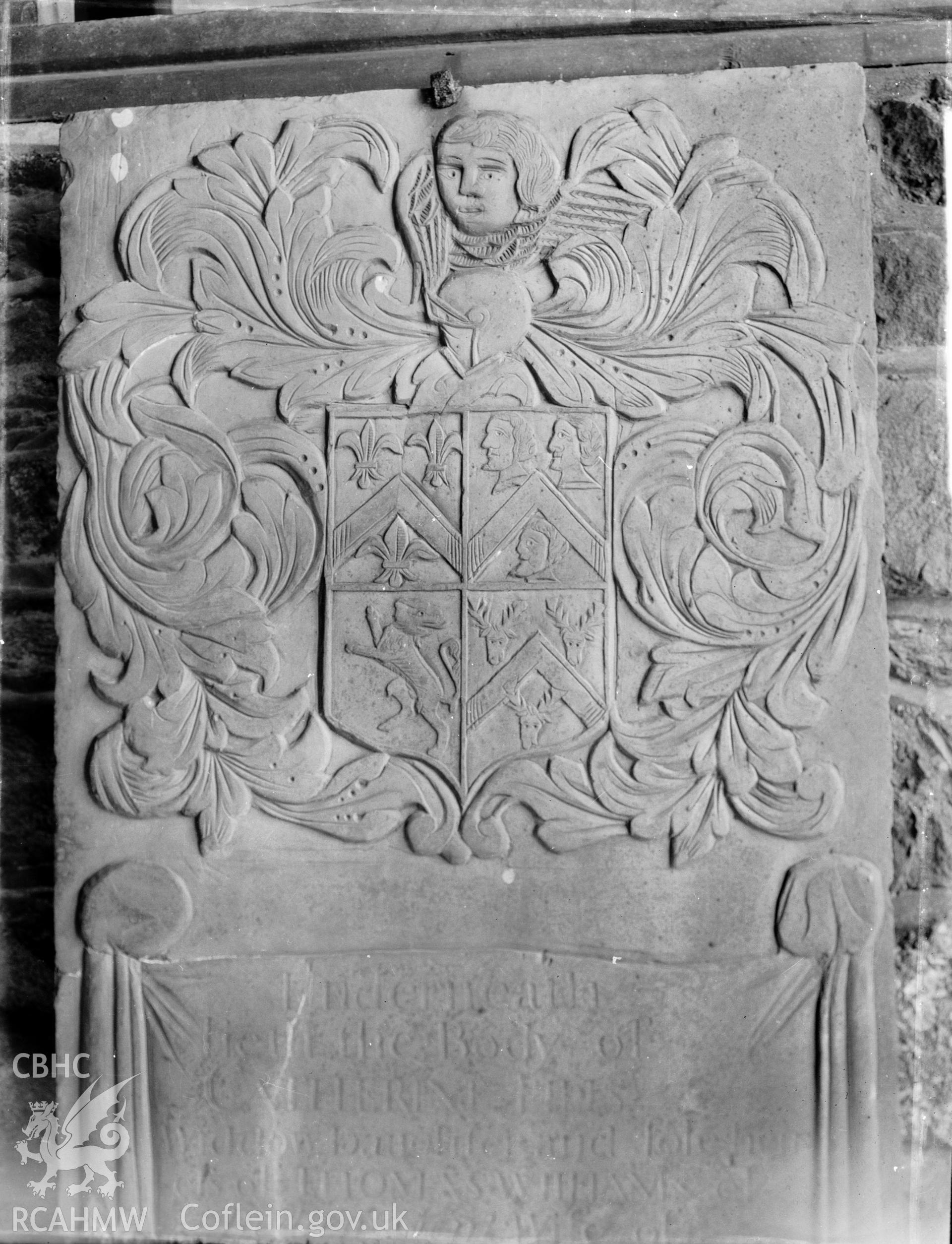 Black and white photo of monument in St Deiniolen's Church, Llanddaniel Fab.