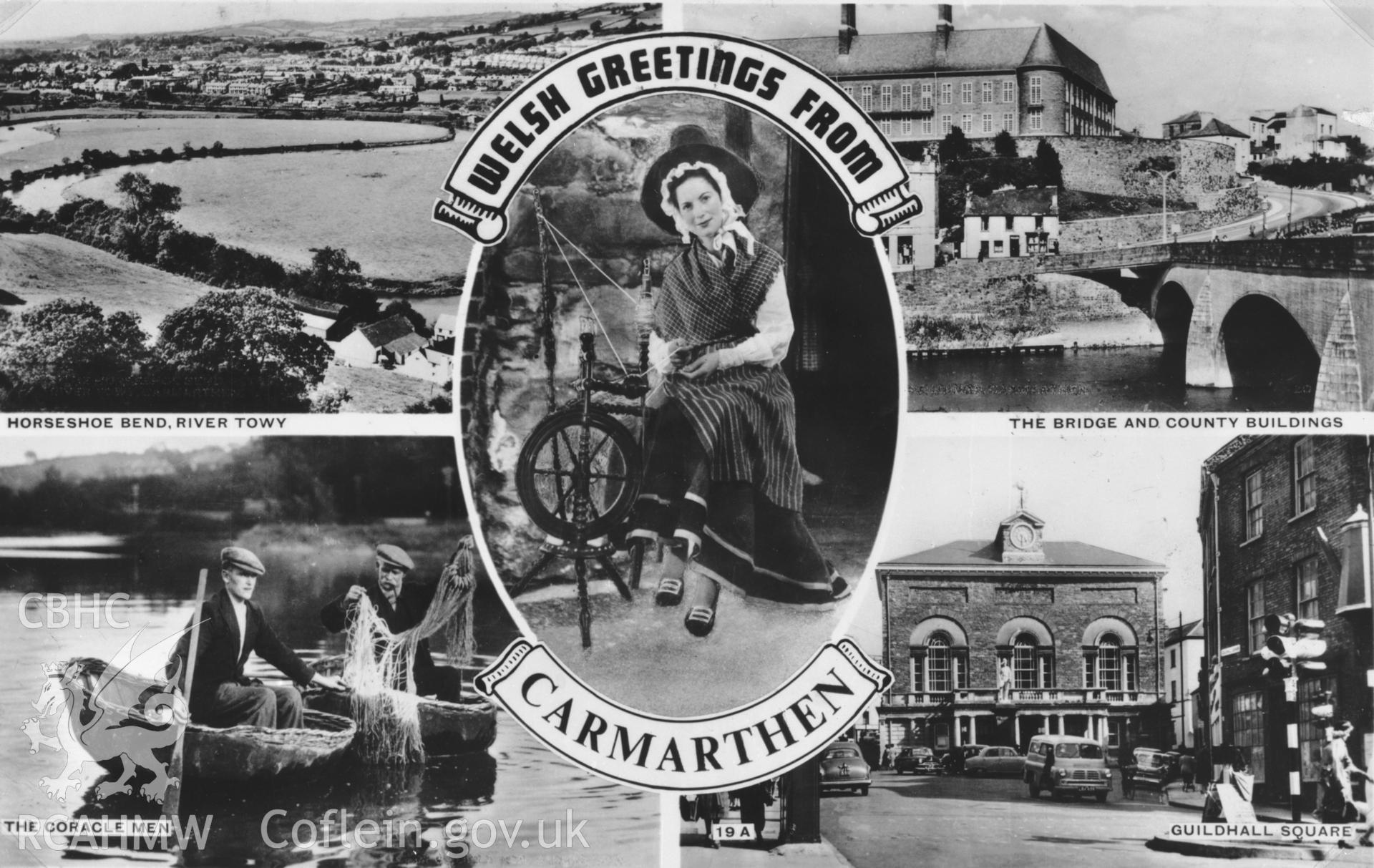 Copy of b/w postcard of Carmarthen showing Horseshoe Bend, River Towy,  coracle men, the bridge and county buildings and Guildhall Square.  Copy negative held.
